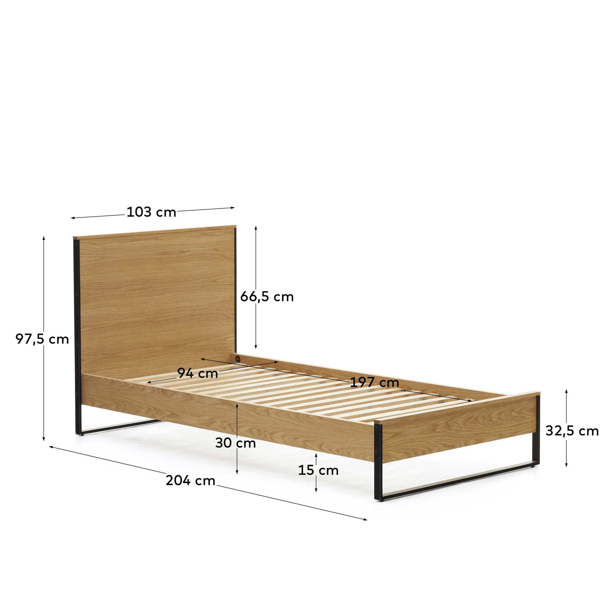 Taiana Bett aus Eichenfurnier und Stahlbeinen mit schwarzem Finish 90 x 190 cm in Braun präsentiert im Onlineshop von KAQTU Design AG. Bett ist von Kave Home