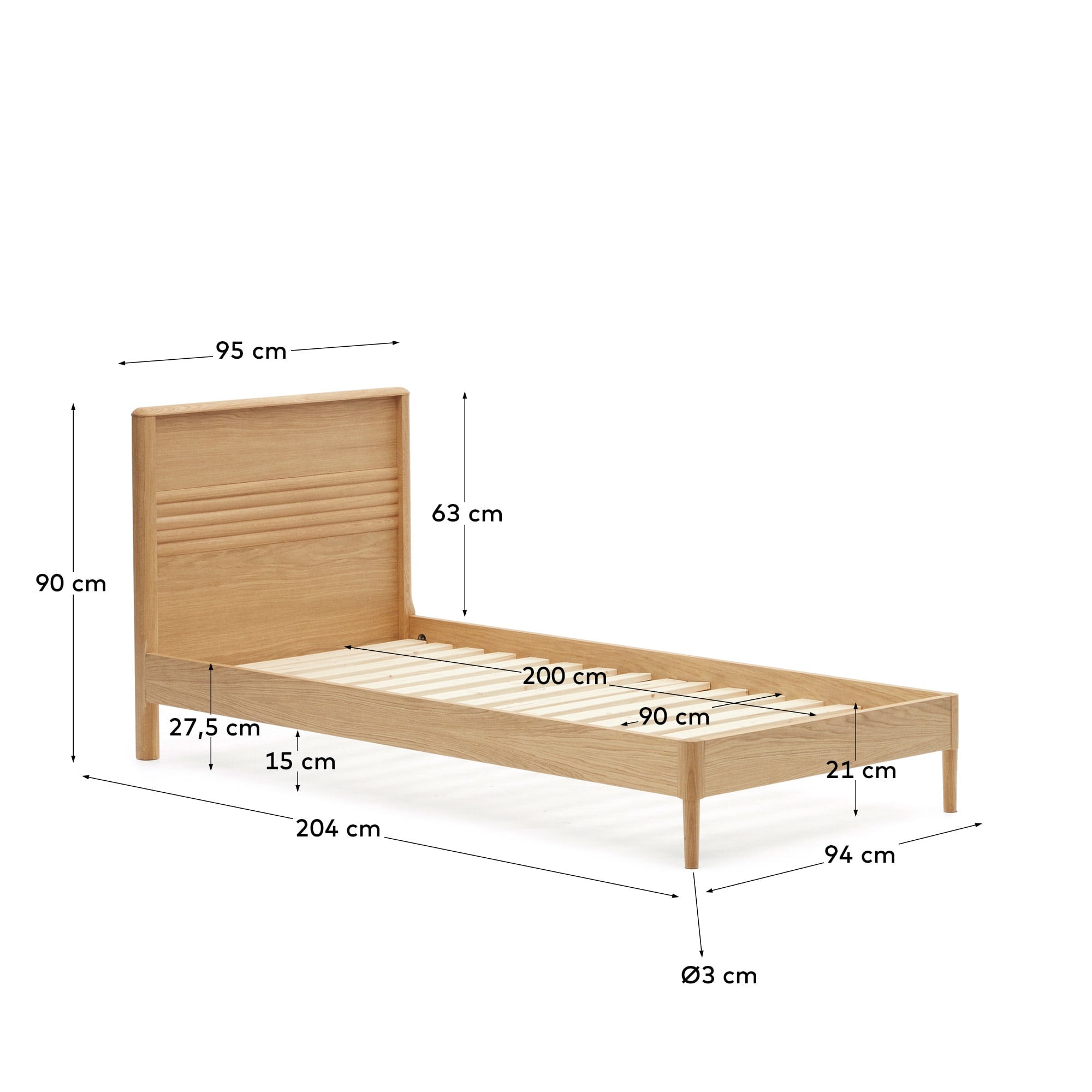 Lenon Bett aus Eichenholz und Eichenfurnier für Matratze von 90 x 200 cm FSC MIX Credit in Braun präsentiert im Onlineshop von KAQTU Design AG. Bett ist von Kave Home