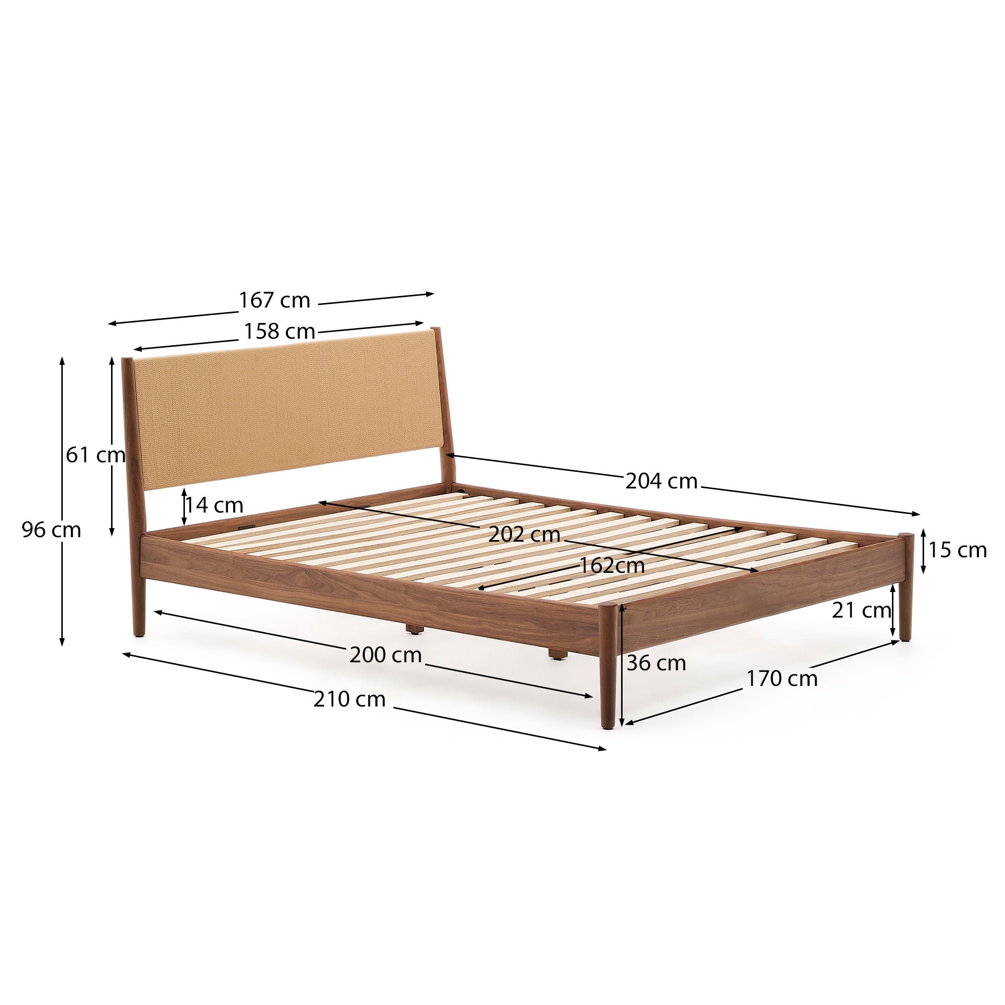 Bett Elan aus Furnier und massivem Walnussholz mit Seil Matratze 160 x 200 cm FSC Mix Credit in Gelb präsentiert im Onlineshop von KAQTU Design AG. Bett ist von Kave Home