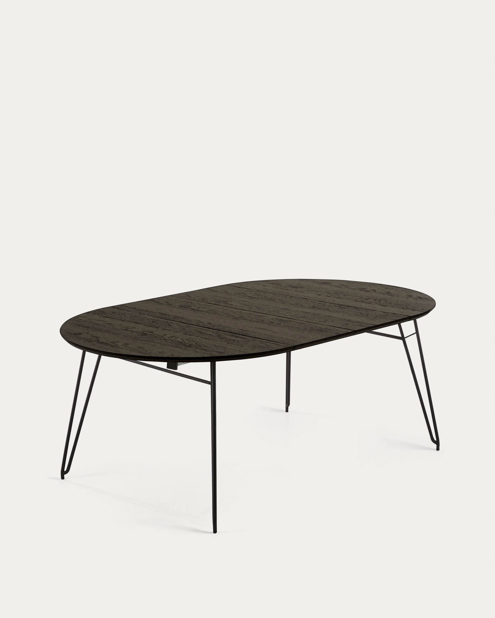 Milian ausziehbarer runder Tisch Ø 120 (200) cm Eschenfurnier und schwarze Stahlbeine in Schwarz präsentiert im Onlineshop von KAQTU Design AG. Esstisch ist von Kave Home