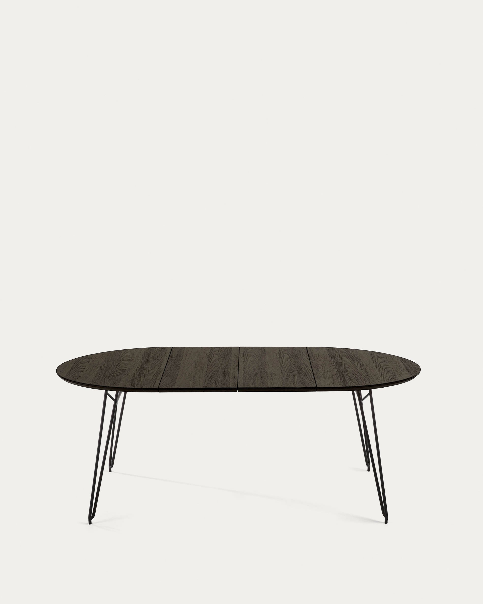 Milian ausziehbarer runder Tisch Ø 120 (200) cm Eschenfurnier und schwarze Stahlbeine in Schwarz präsentiert im Onlineshop von KAQTU Design AG. Esstisch ist von Kave Home