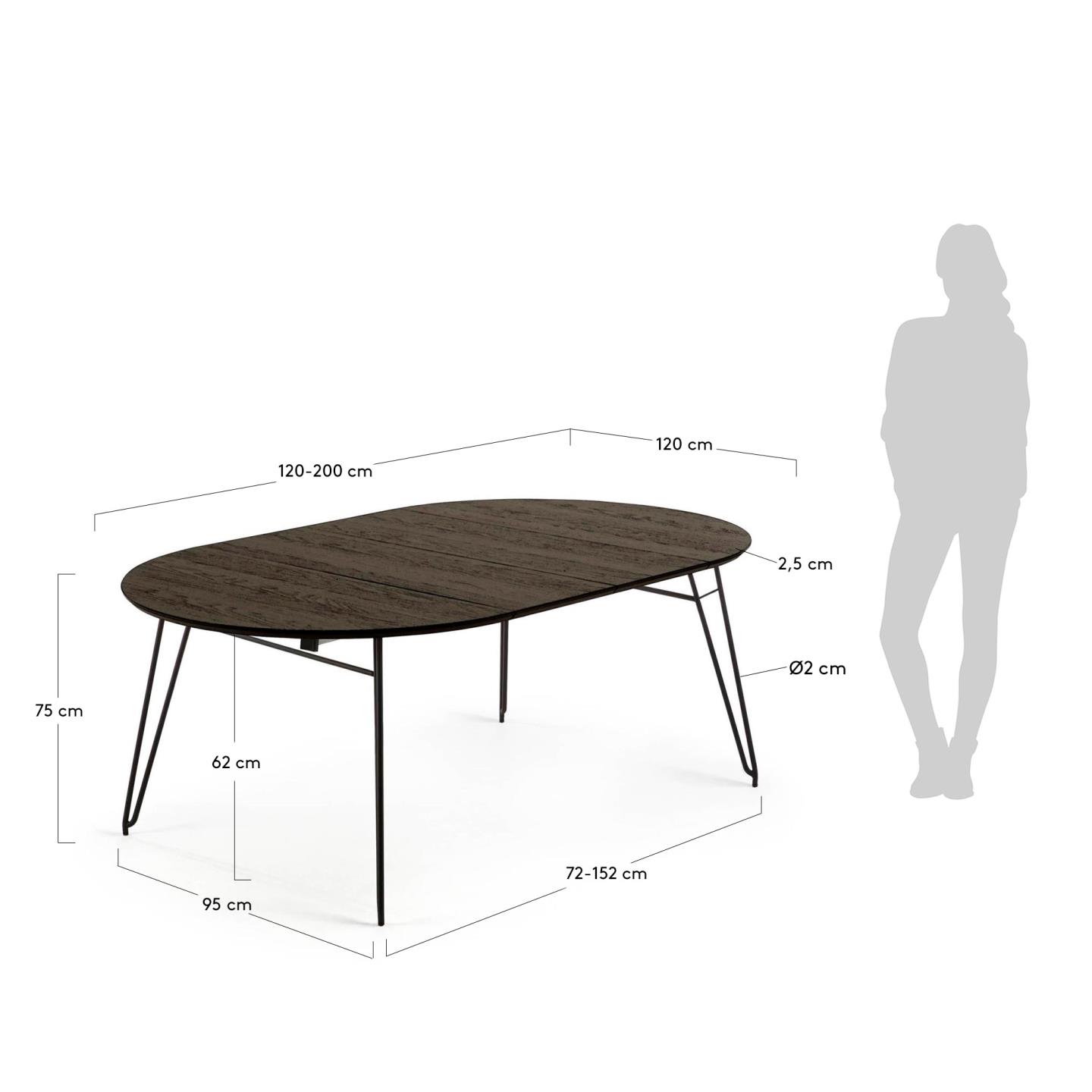 Milian ausziehbarer runder Tisch Ø 120 (200) cm Eschenfurnier und schwarze Stahlbeine in Schwarz präsentiert im Onlineshop von KAQTU Design AG. Esstisch ist von Kave Home