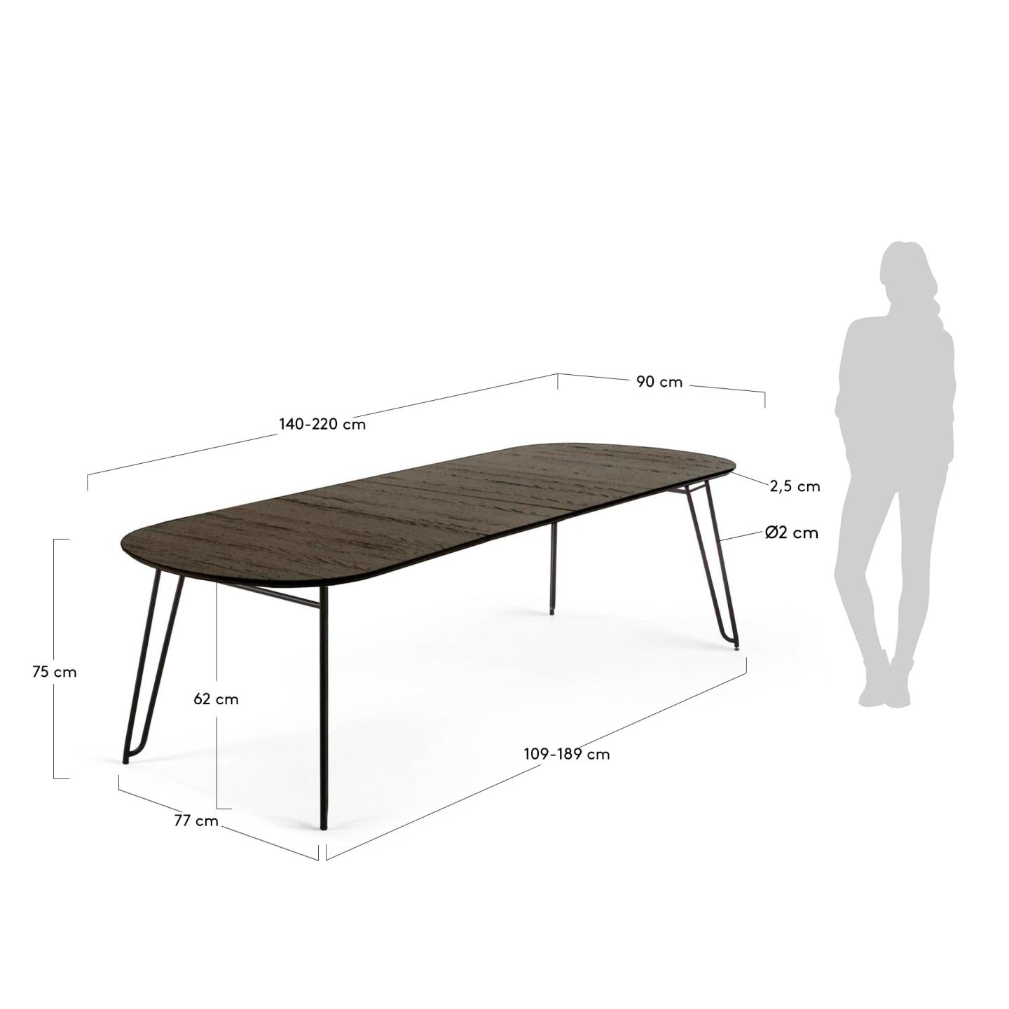 Milian ausziehbarer Tisch 140 (220) x 90 cm Eschenfurnier und schwarze Stahlbeine in Schwarz präsentiert im Onlineshop von KAQTU Design AG. Esstisch ist von Kave Home