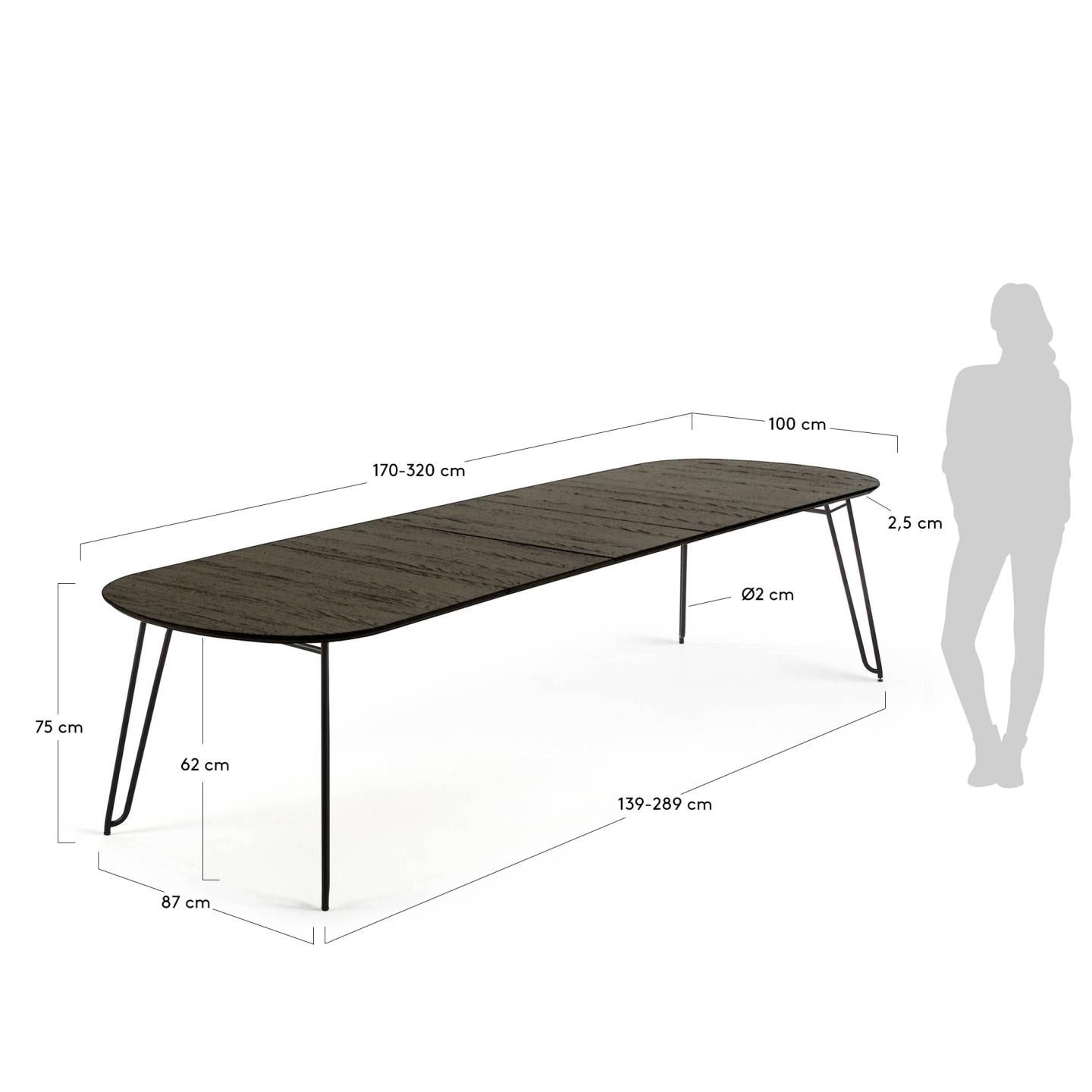 Milian ausziehbarer Tisch 170 (320) x 100 cm Eschenfurnier und schwarze Stahlbeine in Schwarz präsentiert im Onlineshop von KAQTU Design AG. Esstisch ist von Kave Home