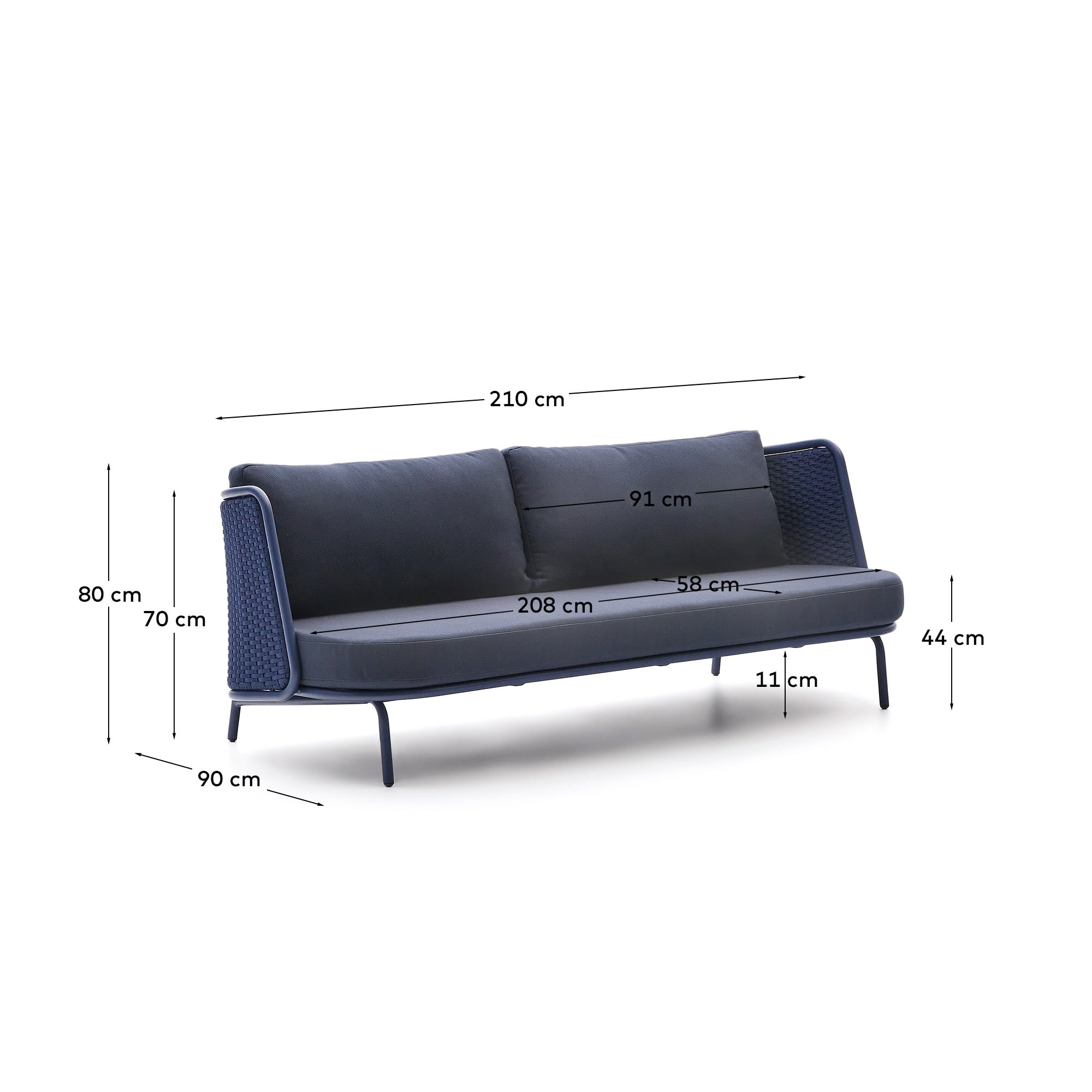 3-Sitzer Outdoor-Sofa Sedalis aus Aluminium und blauem Seil 210 cm in Dunkelblau präsentiert im Onlineshop von KAQTU Design AG. Lounge Sofa ist von Kave Home