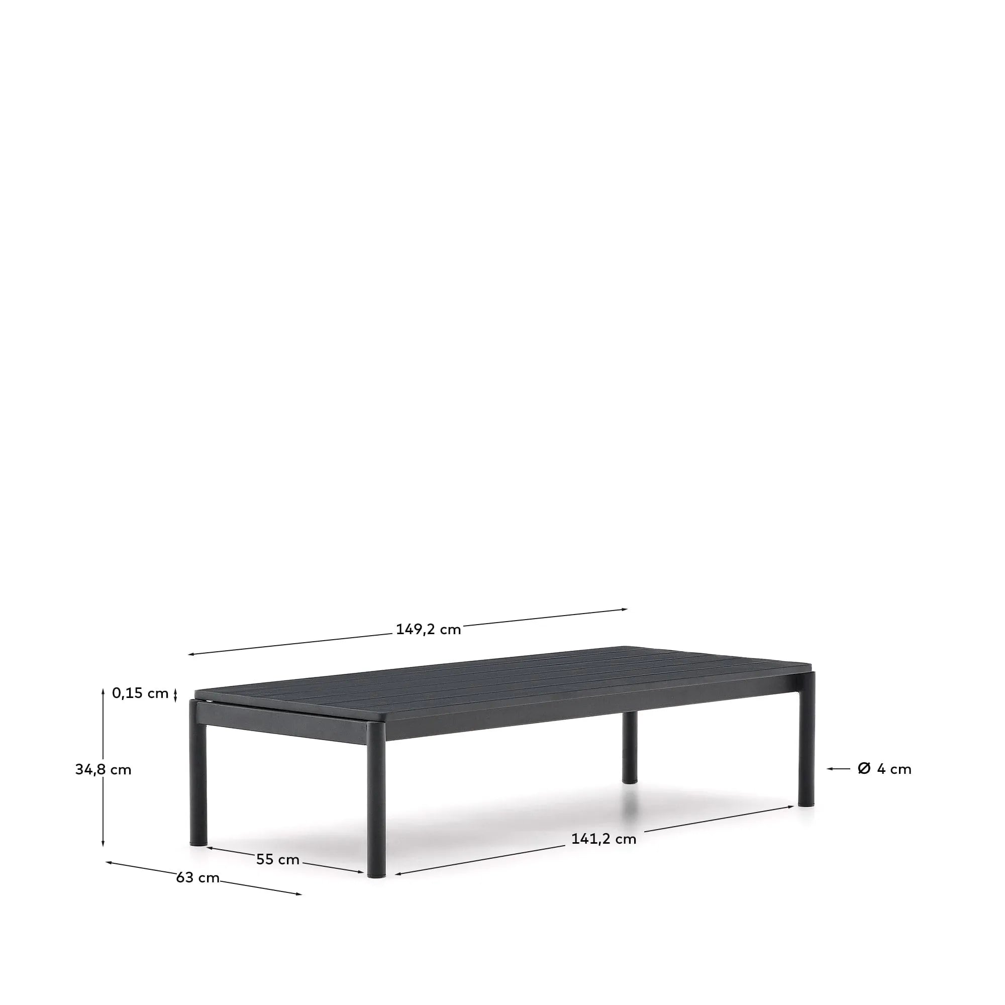 Eleganter Couchtisch aus grauem Aluminium, ideal für stilvolle Outdoor-Lounges, robust und pflegeleicht.