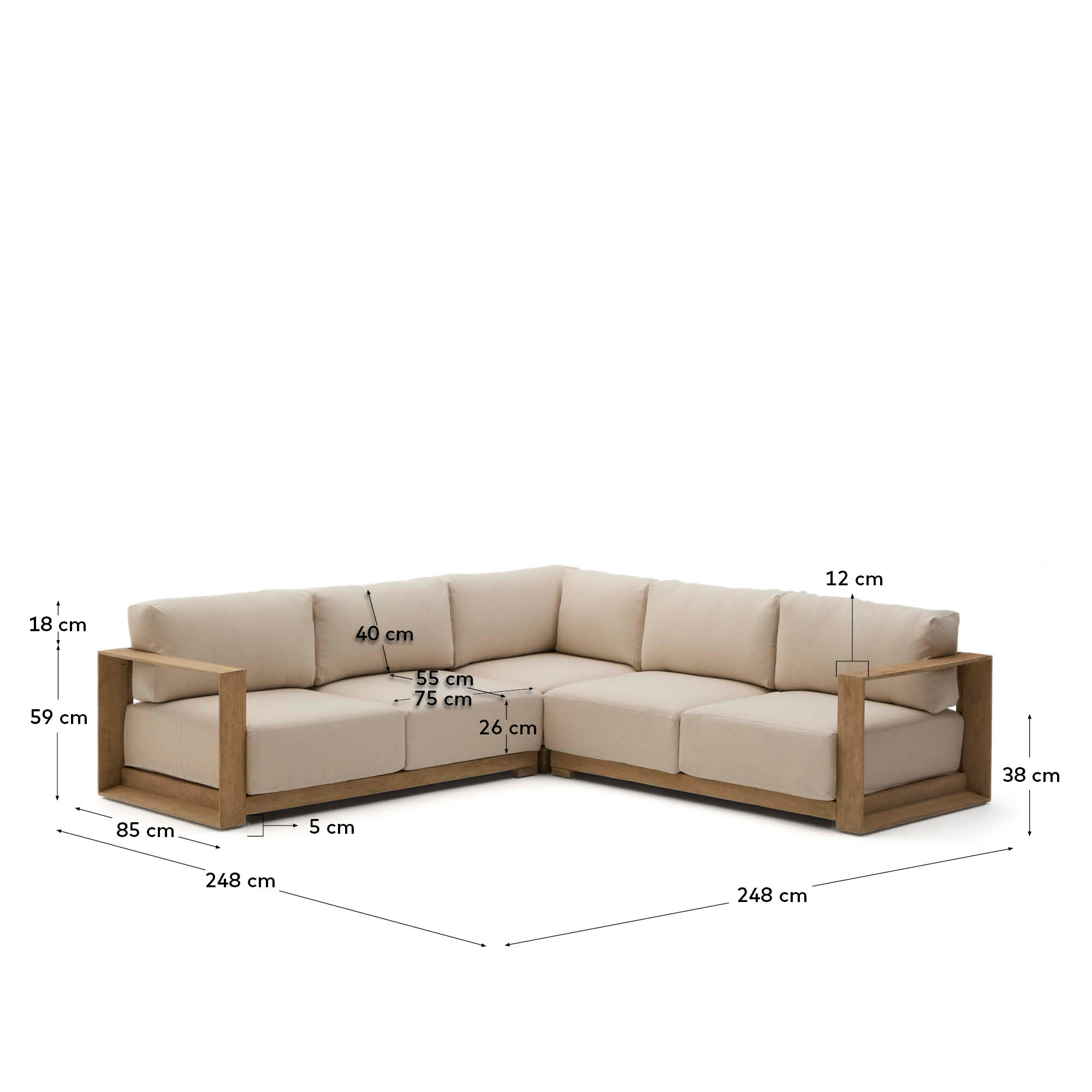 5-Sitzer-Ecksofa Ambra aus massivem Akazienholz mit klarem Finish 248 cm in Beige präsentiert im Onlineshop von KAQTU Design AG. Lounge Sofa ist von Kave Home