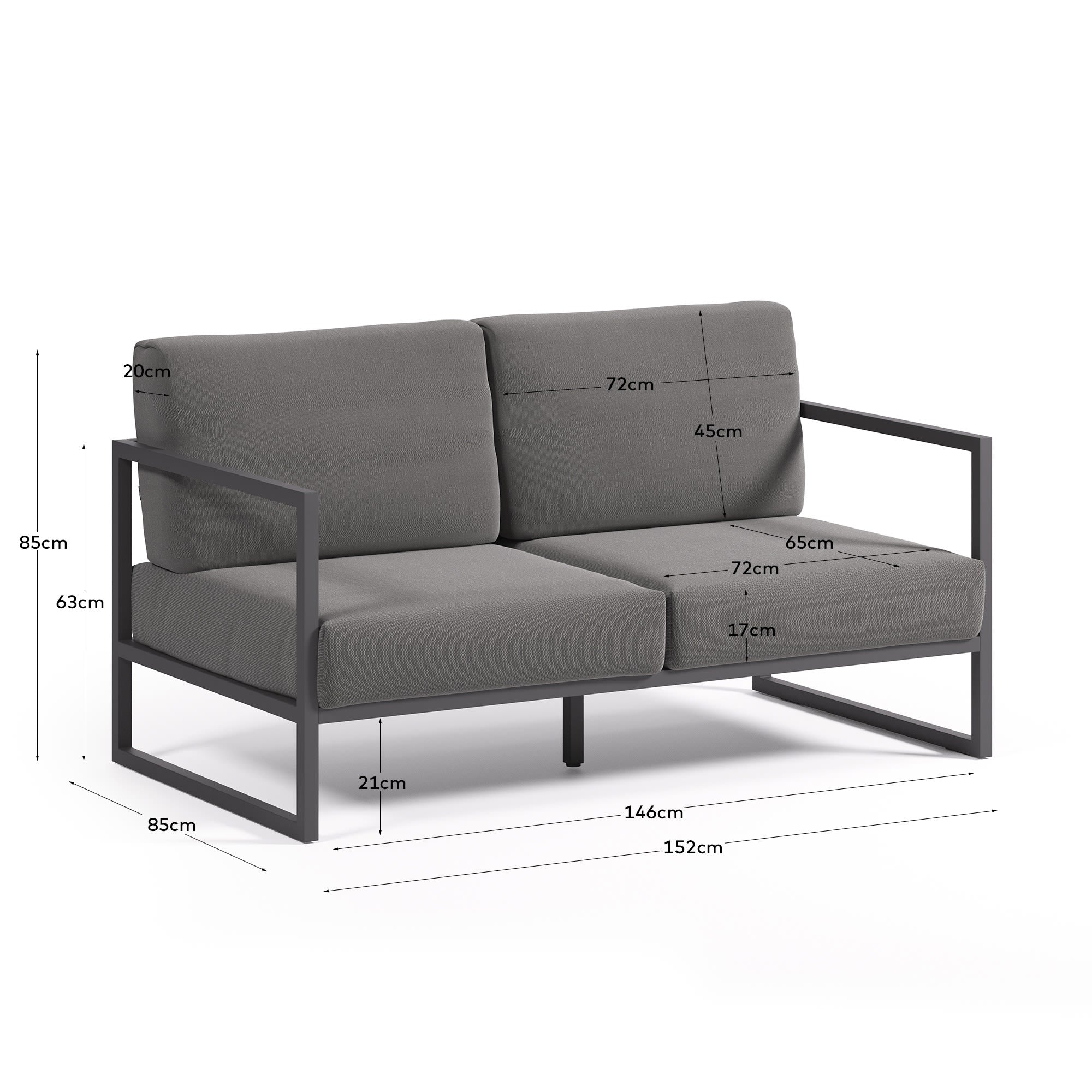 Comova Sofa 100% outdoor dunkelgrau und aus schwarzem Aluminium 150 cm in Schwarz präsentiert im Onlineshop von KAQTU Design AG. Lounge Sofa ist von Kave Home