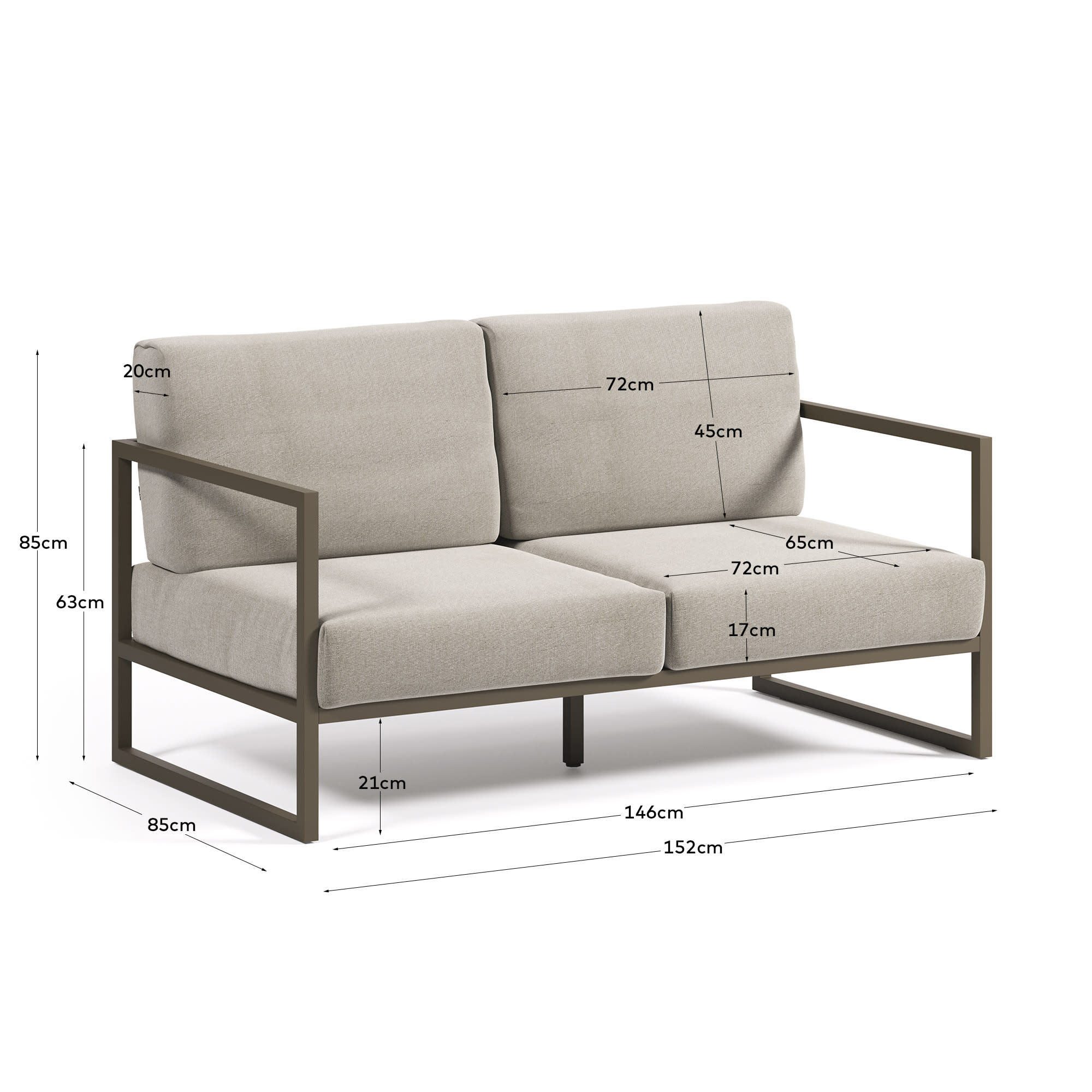 Comova 2-Sitzer Sofa 100% outdoor hellgrau und Aluminium grün 150 cm in Grau präsentiert im Onlineshop von KAQTU Design AG. Lounge Sofa ist von Kave Home