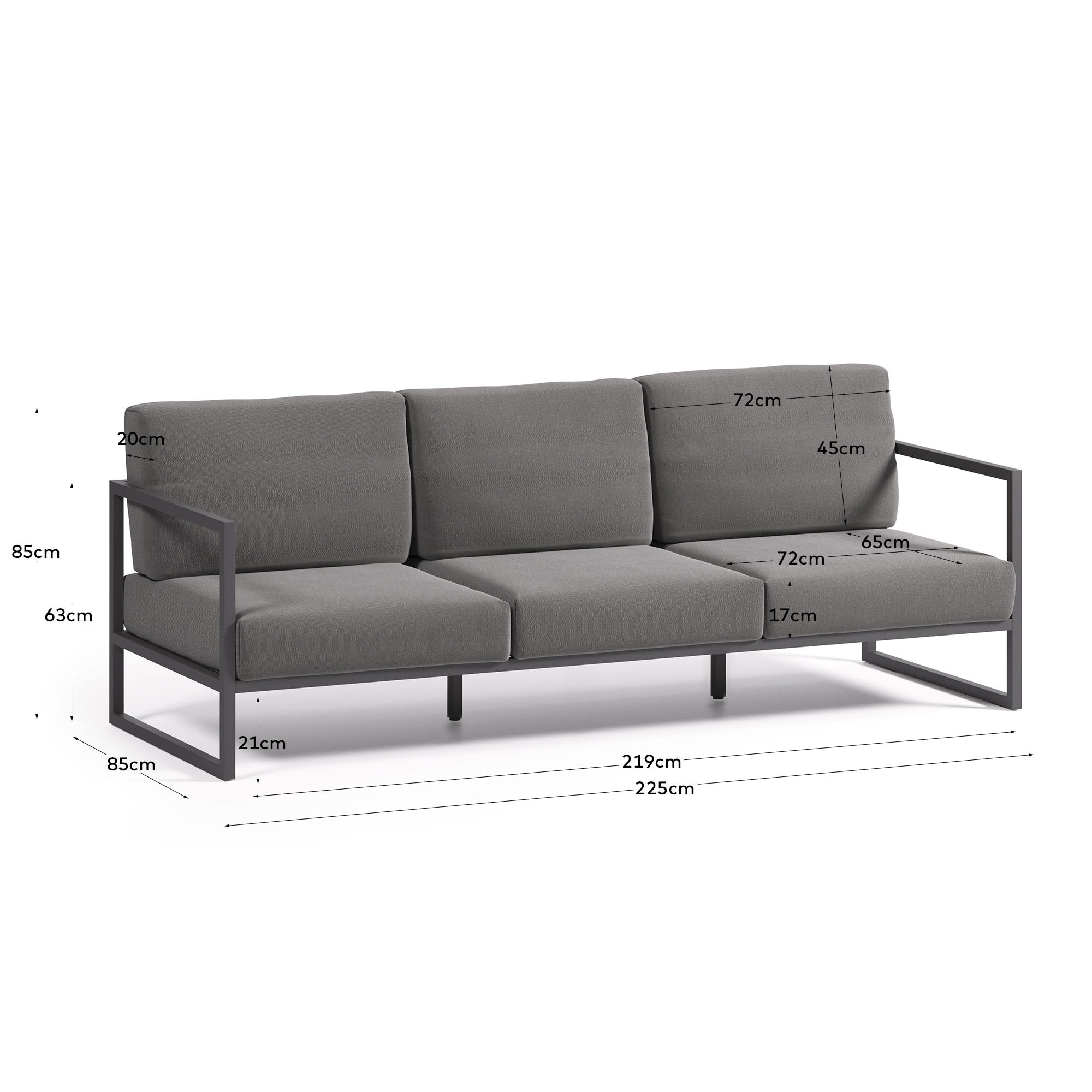 Comova 3-Sitzer-Sofa 100% outdoor dunkelgrau und aus schwarzem Aluminium 222 cm in Schwarz präsentiert im Onlineshop von KAQTU Design AG. Lounge Sofa ist von Kave Home