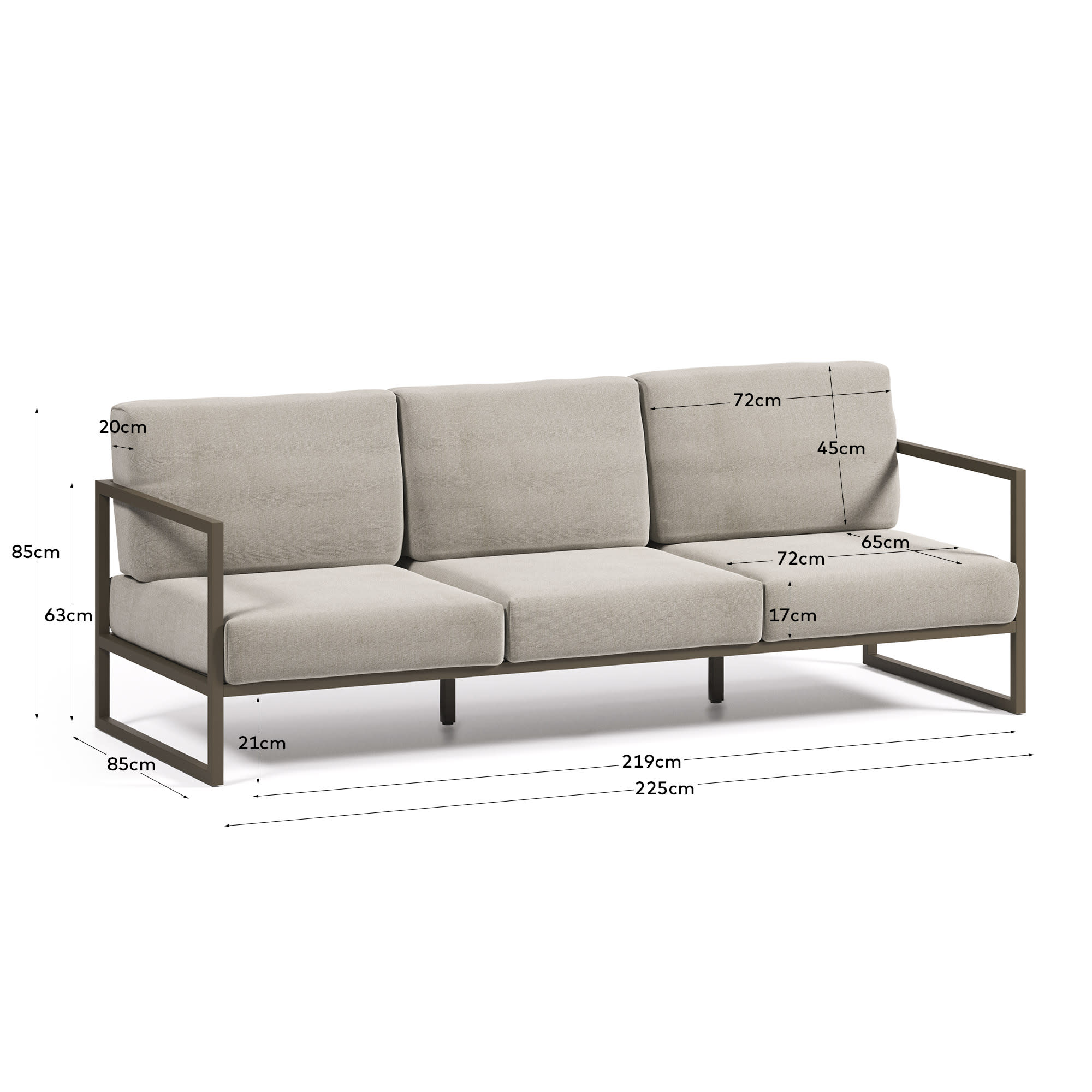 Comova 3-Sitzer Sofa 100% outdoor hellgrau und Aluminium grün 222 cm in Grau präsentiert im Onlineshop von KAQTU Design AG. Lounge Sofa ist von Kave Home