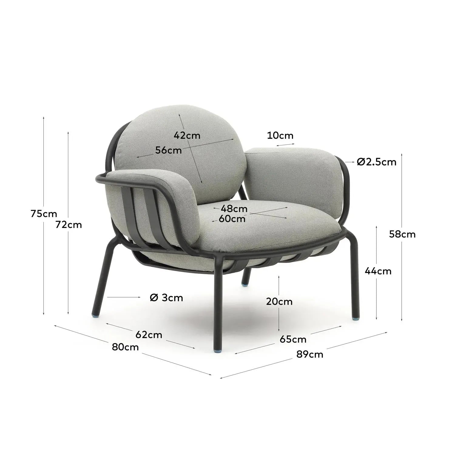 Robuster Joncols Gartensessel aus Aluminium, graues Finish, Kave Home.