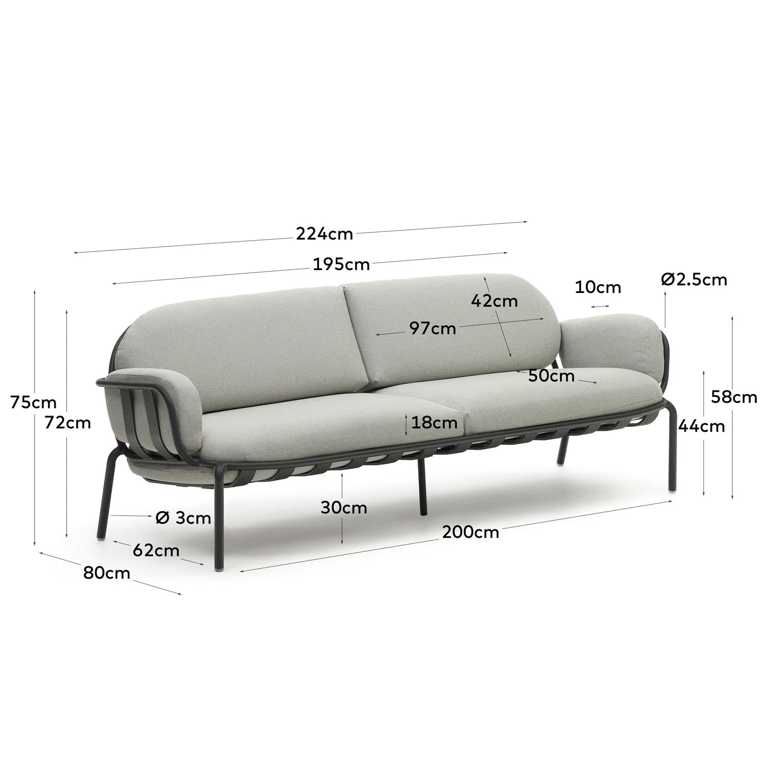 Joncols 3-Sitzer-Gartensofa aus Aluminium mit Finish in Grau 225 cm in Grau präsentiert im Onlineshop von KAQTU Design AG. Lounge Sofa ist von Kave Home