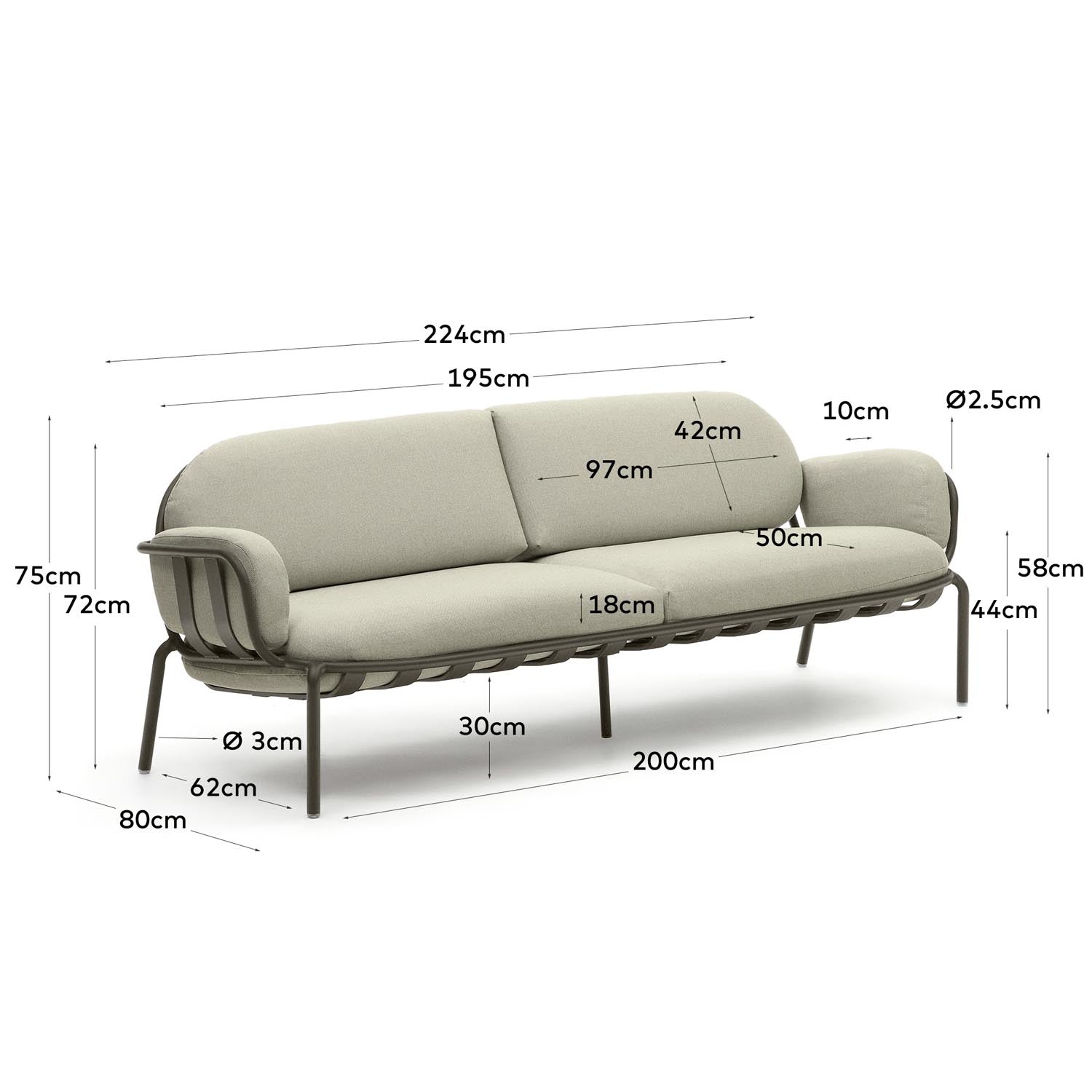 Joncols 3-Sitzer-Gartensofa aus Aluminium mit Finish in Grün 225 cm in Grün präsentiert im Onlineshop von KAQTU Design AG. Lounge Sofa ist von Kave Home