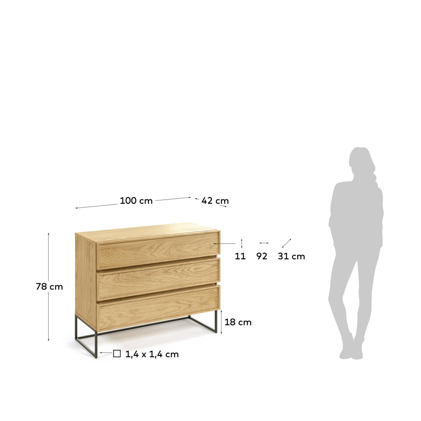 Taiana Kommode mit 3 Schubladen mit Eichenfurnier und schwarzer Stahlstruktur 100 x 78 cm in Braun präsentiert im Onlineshop von KAQTU Design AG. High-Sideboard ist von Kave Home