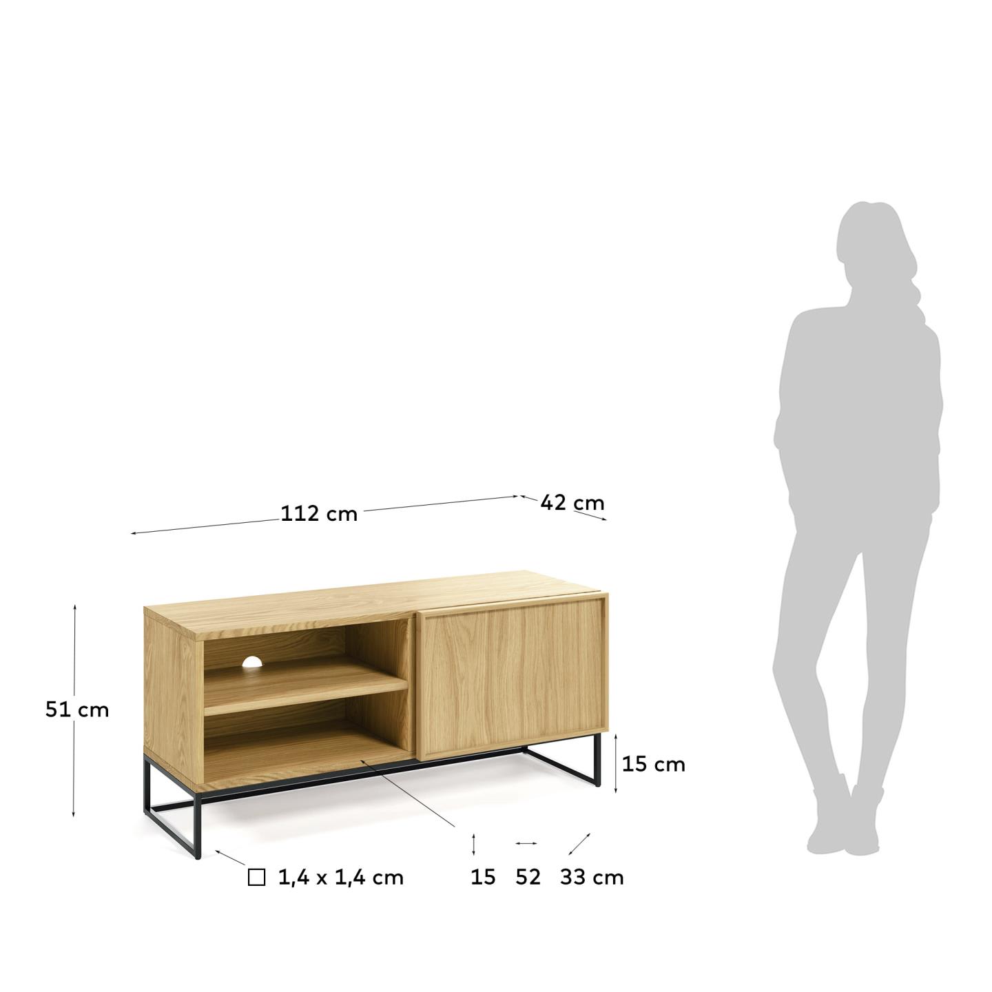 Taiana TV-Schrank 1 Türe Eichenfurnier und Stahlgestell mit schwarzem Finish 112 x 51 cm in Braun präsentiert im Onlineshop von KAQTU Design AG. Sideboard ist von Kave Home