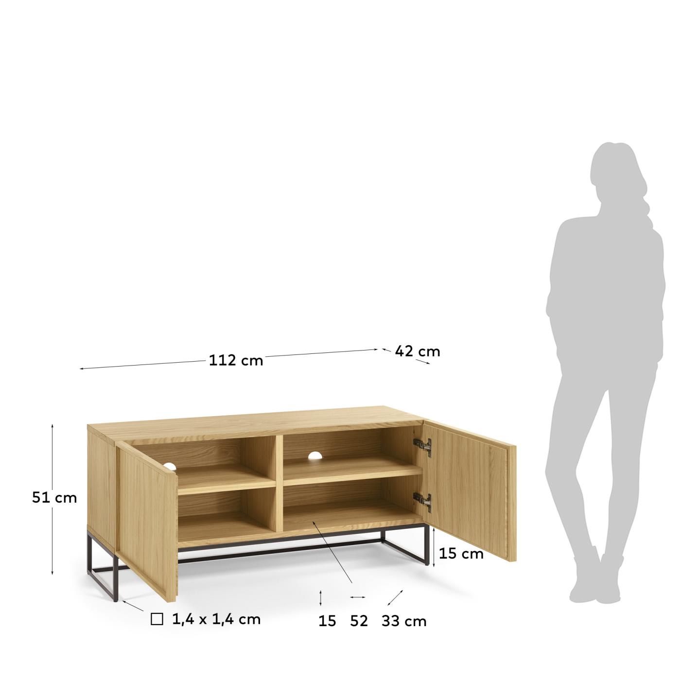 Taiana TV-Schrank 2 Türen Eichenfurnier und Stahlgestell mit schwarzem Finish 112 x 51 cm in Braun präsentiert im Onlineshop von KAQTU Design AG. Sideboard ist von Kave Home