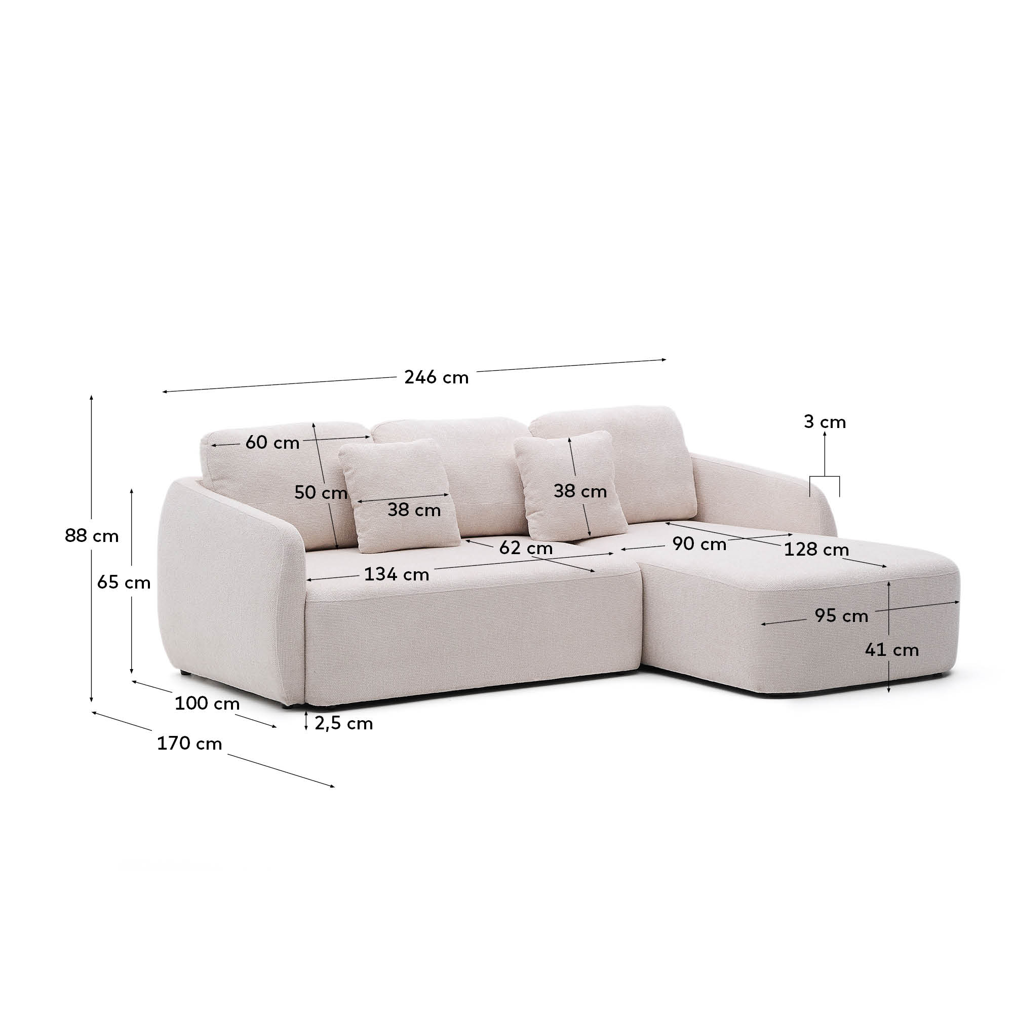 Schlafsofa Laira 3-Sitzer in Chenille mit Chaiselongue rechts ecru 246 cm FSC Mix Credit in Ecru präsentiert im Onlineshop von KAQTU Design AG. 3er Sofa ist von Kave Home