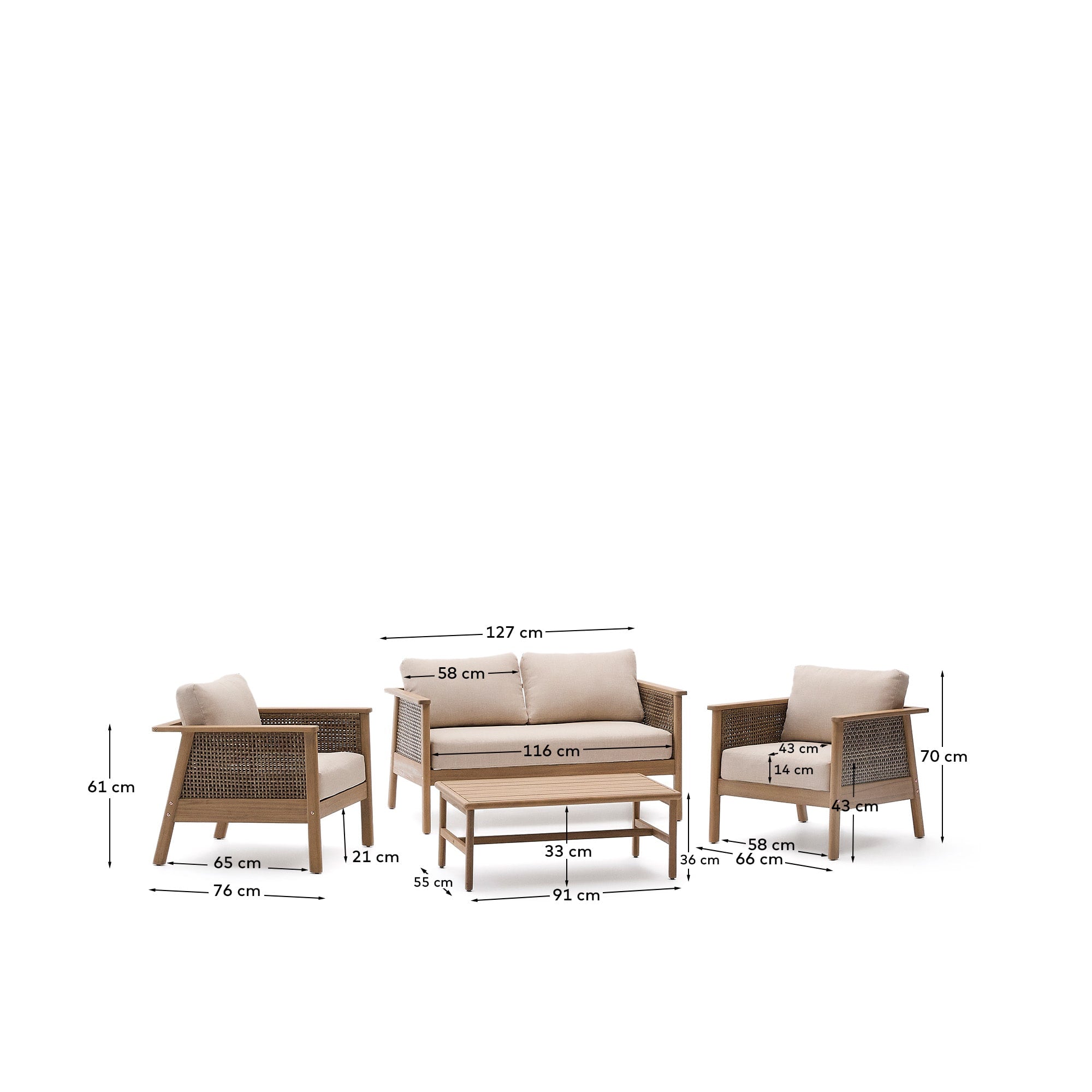 Set Alabe bestehend aus 2-Sitzer-Sofa, 2 Sesseln und Couchtisch aus Akazienholz 100% FSC in Beige präsentiert im Onlineshop von KAQTU Design AG. Lounge Sofa ist von Kave Home