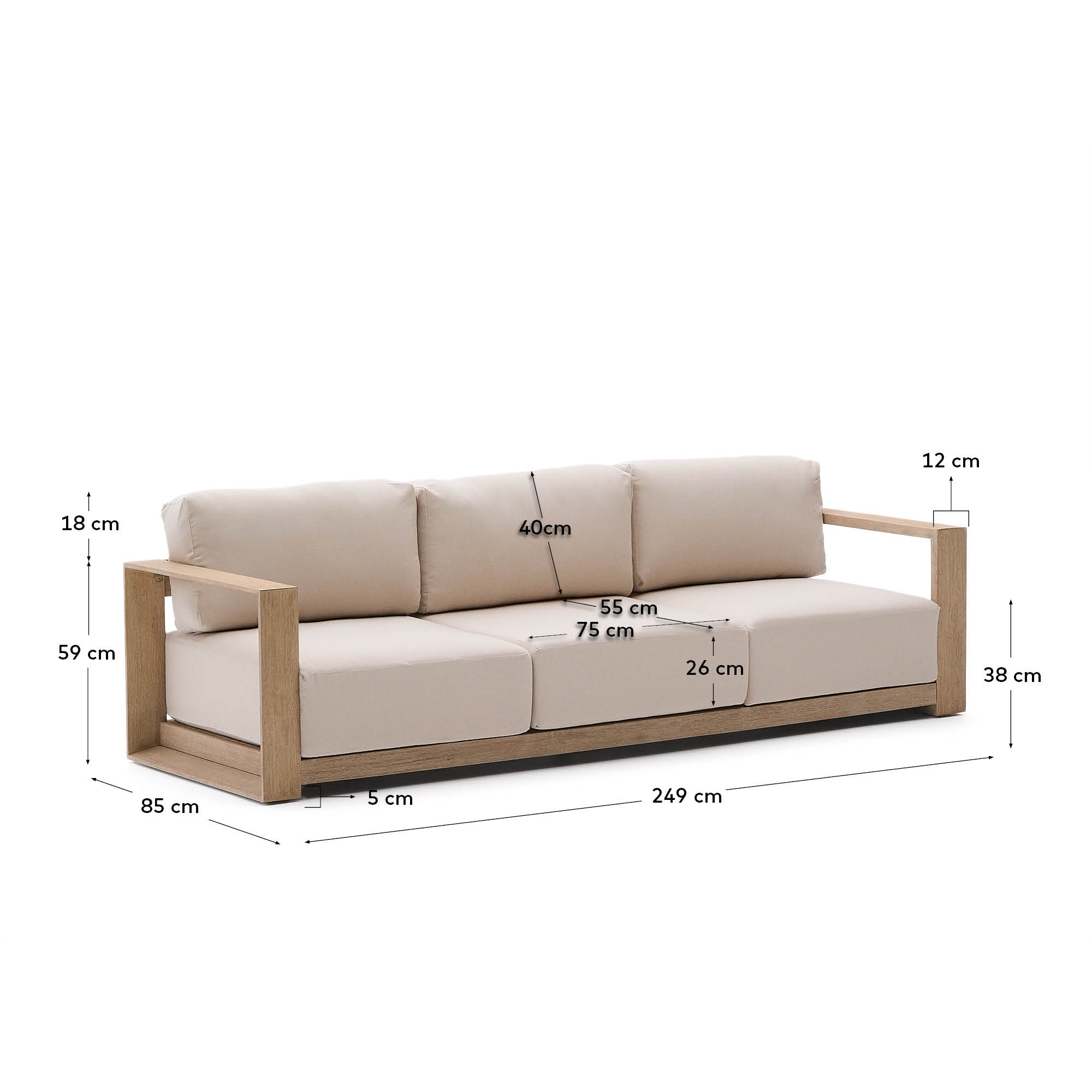 3-Sitzer-Sofa Ambra aus massivem Akazienholz mit klarem  Finish 249 cm in Beige präsentiert im Onlineshop von KAQTU Design AG. Lounge Sofa ist von Kave Home