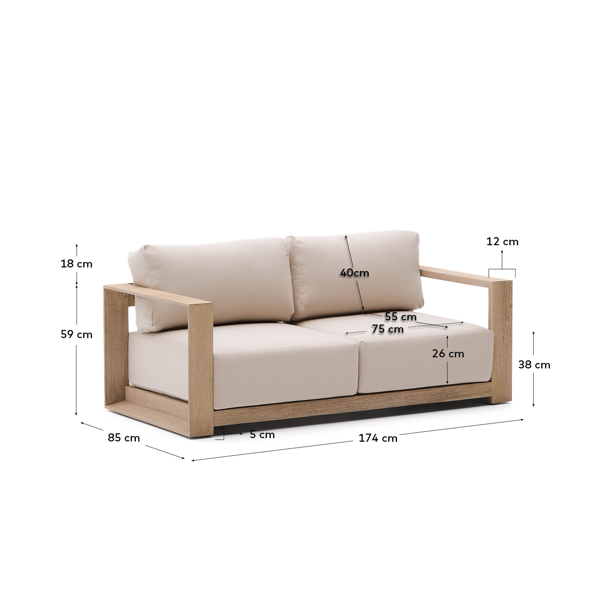 2-Sitzer-Sofa Ambra aus massivem Akazienholz mit klarem  Finish 174 cm in Beige präsentiert im Onlineshop von KAQTU Design AG. Lounge Sofa ist von Kave Home