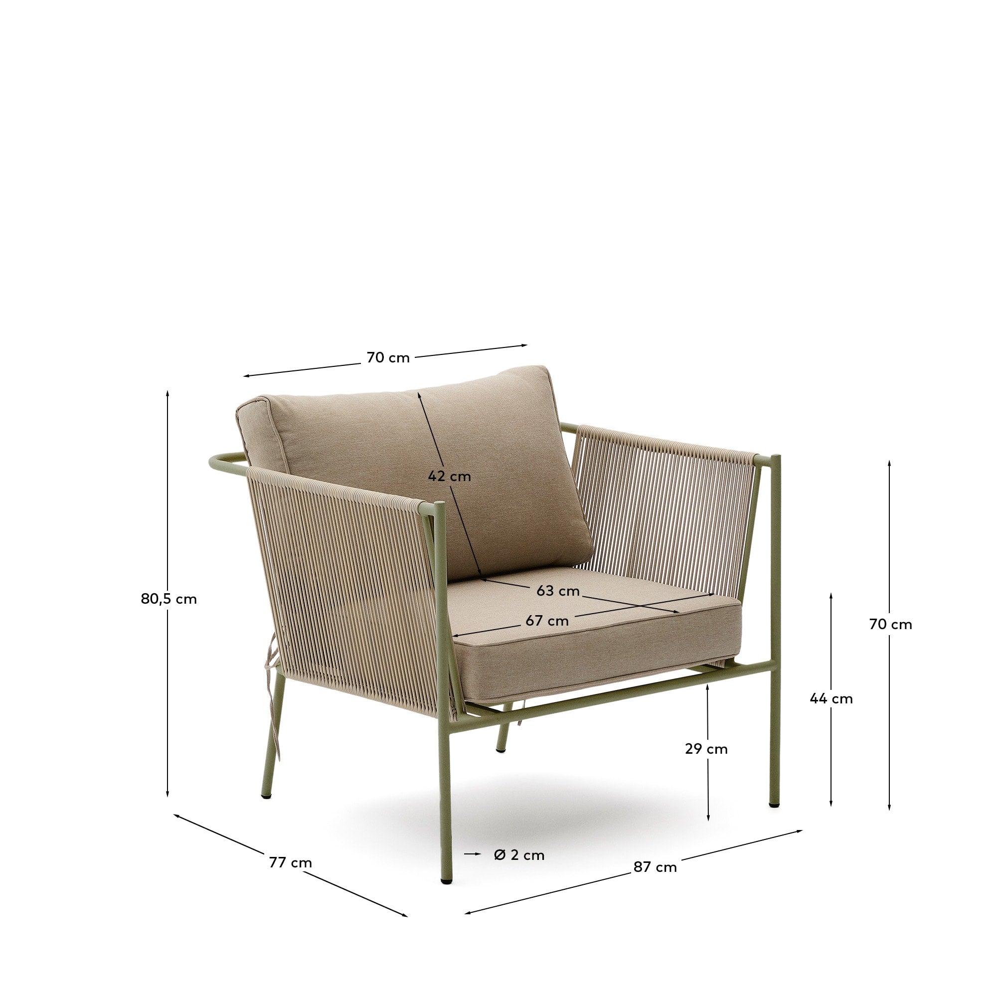 Outdoor-Sessel Zivia aus écrufarbenem Seil und grün verzinktem Stahl in Ecru präsentiert im Onlineshop von KAQTU Design AG. Outdoor-Sessel ist von Kave Home