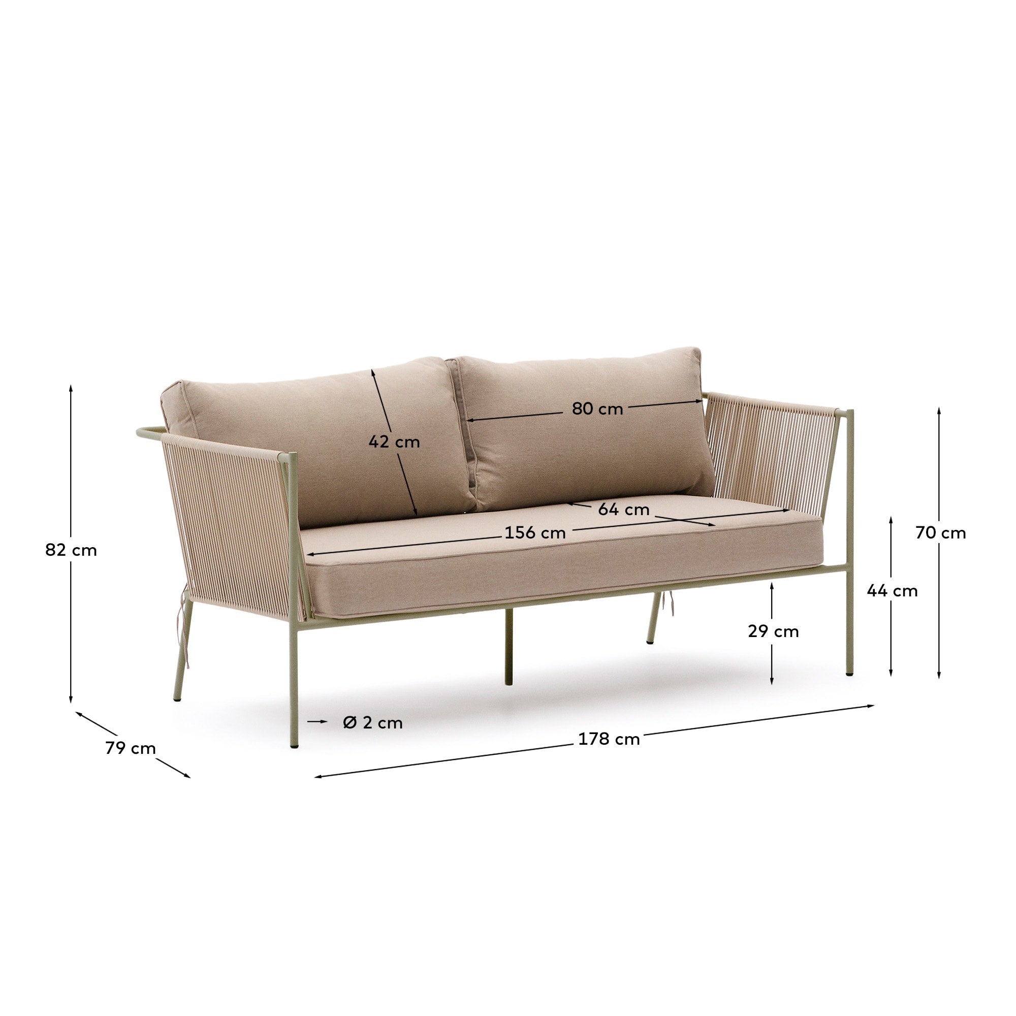 2-Sitzer-Outdoor-Sofa Zivia aus écrufarbenem Seil und grün verzinktem Stahl 177,5 cm in Ecru präsentiert im Onlineshop von KAQTU Design AG. Lounge Sofa ist von Kave Home