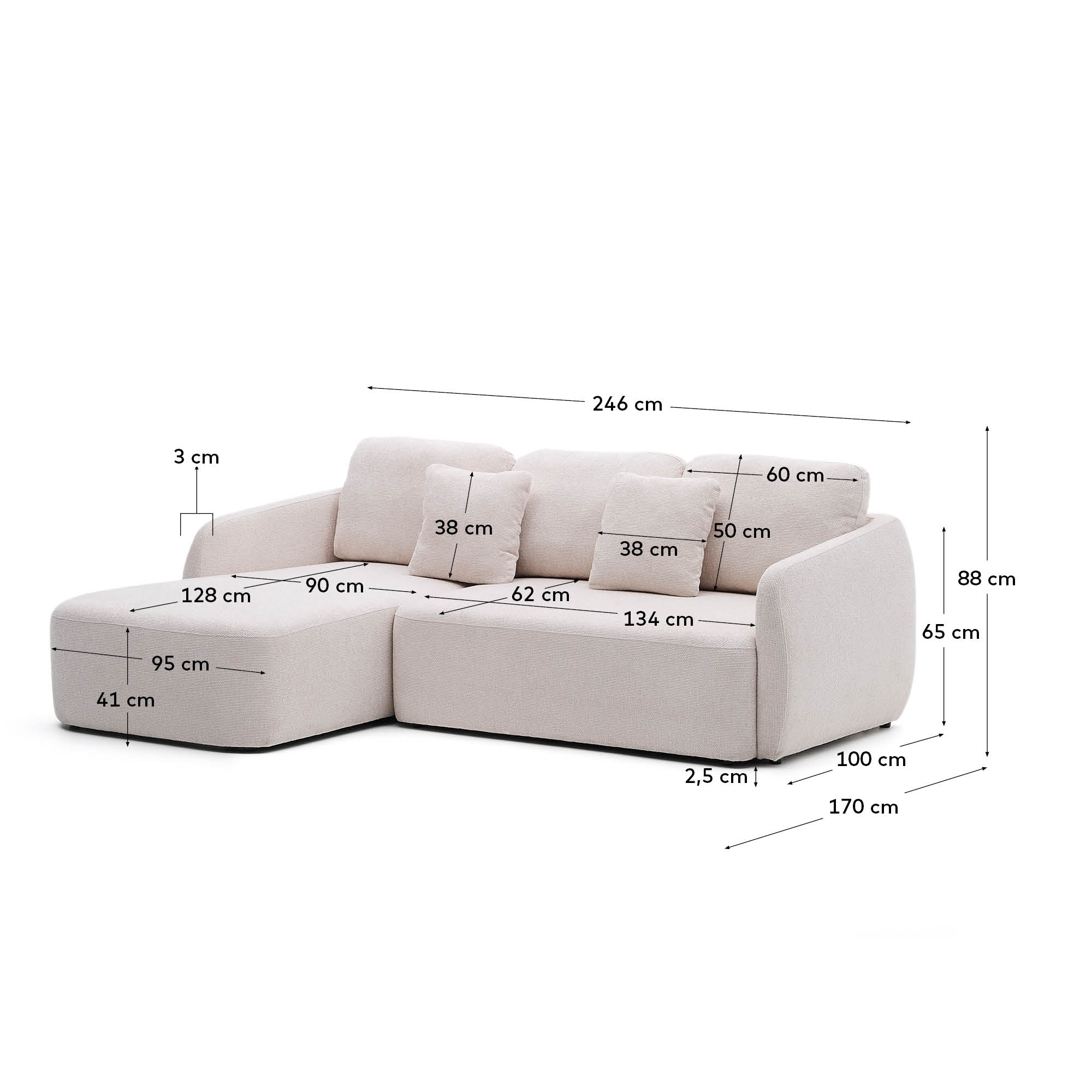 Schlafsofa Laira 3-Sitzer in Chenille mit Chaiselongue links ecru 246 cm FSC Mix Credit in Ecru präsentiert im Onlineshop von KAQTU Design AG. 3er Sofa ist von Kave Home