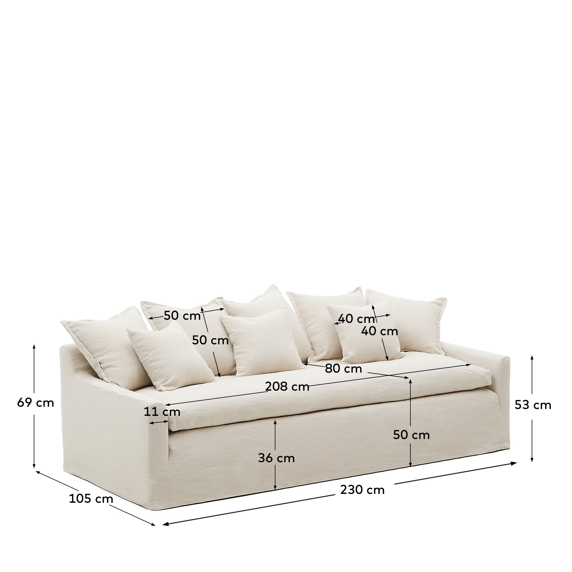 Zenira 3-Sitzer-Sofa mit abnehmbarem Bezug und Kissen aus Baumwolle und Leinen beige 230 cm in Beige präsentiert im Onlineshop von KAQTU Design AG. 3er Sofa ist von Kave Home