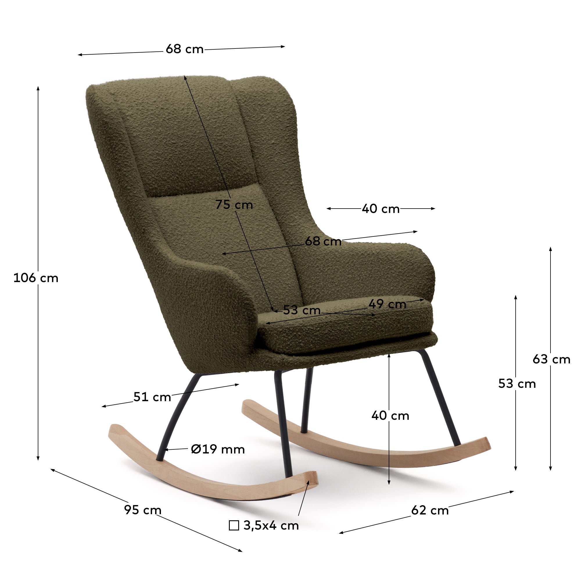 Maustin Schaukelstuhl mit dunkelgrünem Bouclé und Gestell aus Stahl und Buchenholz  in Grün präsentiert im Onlineshop von KAQTU Design AG. Schaukelstuhl ist von Kave Home