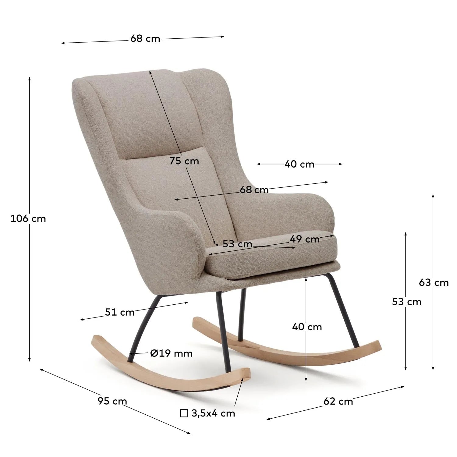 Maustin Schaukelstuhl: Beiger Chenille, Stahl & Buchenholz Design.