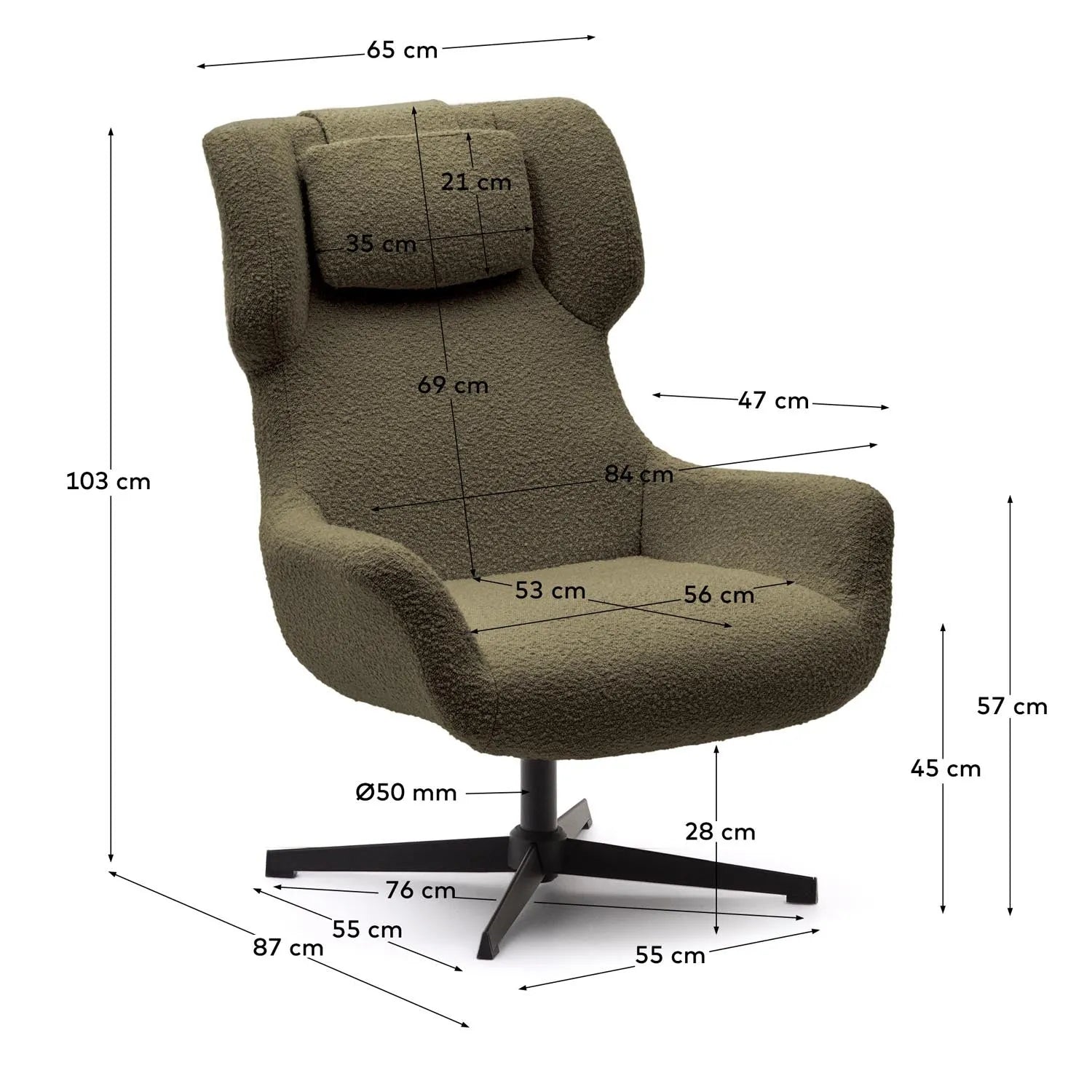 Eleganter Drehsessel in dunkelgrünem Bouclé, mit schwarzem Stahlrahmen, 360° drehbar, FSC-zertifiziert, für stilvolles Wohnen.