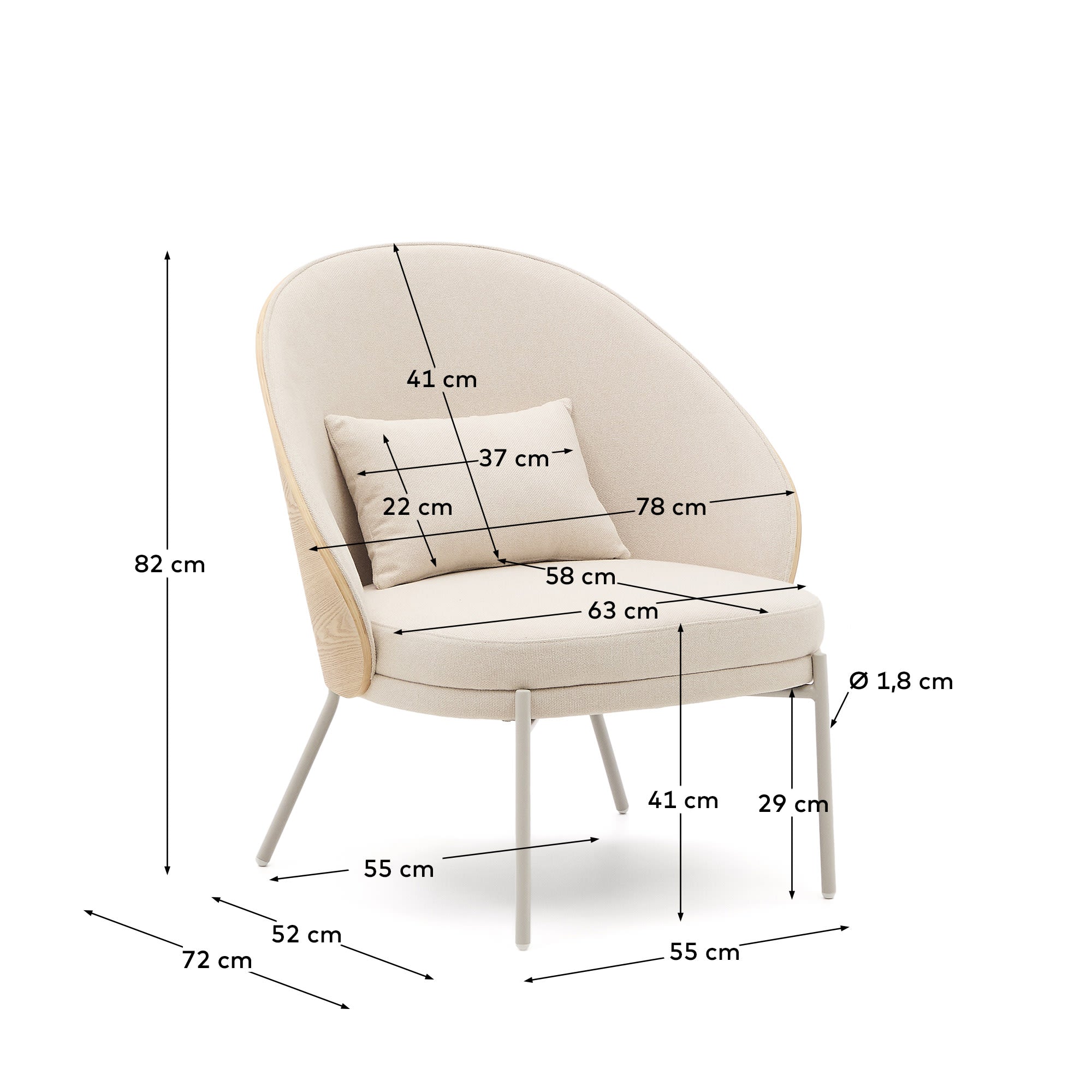 Sessel Eamy aus beigefarbenem Chenille, Eschenfurnier mit natürlichem Finish und beigefarbenem Metall in Beige präsentiert im Onlineshop von KAQTU Design AG. Sessel ist von Kave Home