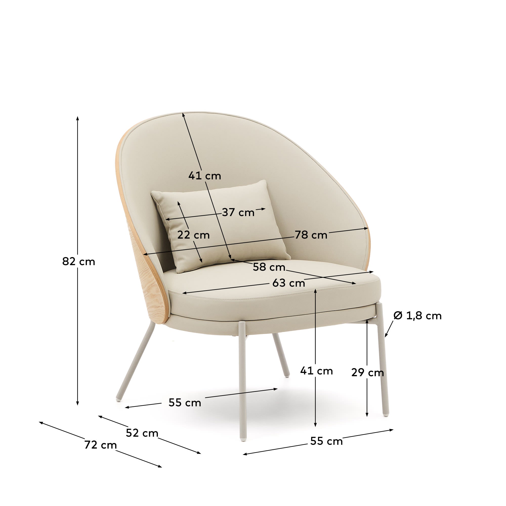 Eamy Sessel aus beigefarbenem Kunstleder, Eschenfurnier in Nussbaum-Finish mit Metall in B in Beige präsentiert im Onlineshop von KAQTU Design AG. Sessel ist von Kave Home