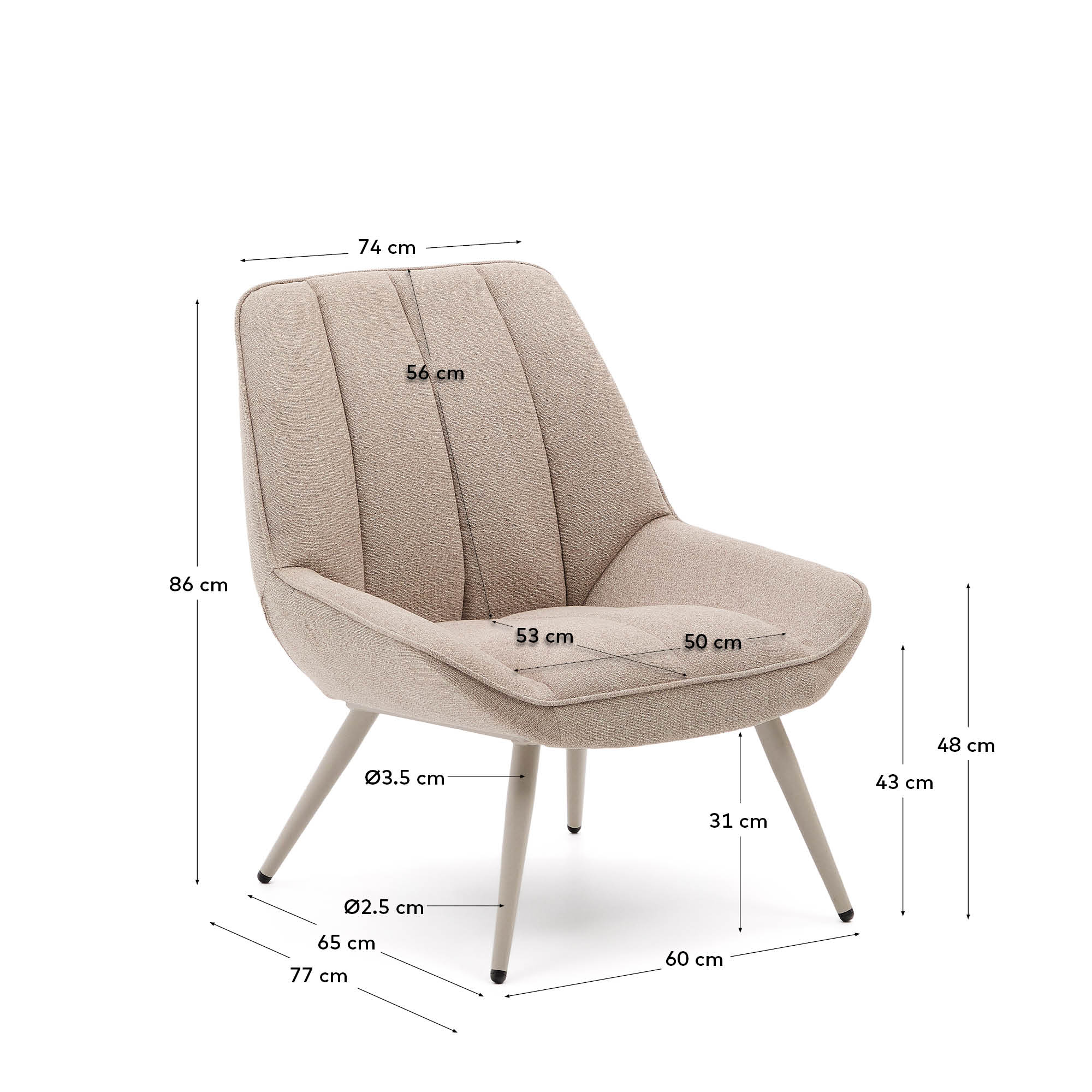 Sessel Marlina aus beigefarbenem Chenille-Stoff und mattgrau lackierten Stahlbeinen. in Beige präsentiert im Onlineshop von KAQTU Design AG. Sessel ist von Kave Home