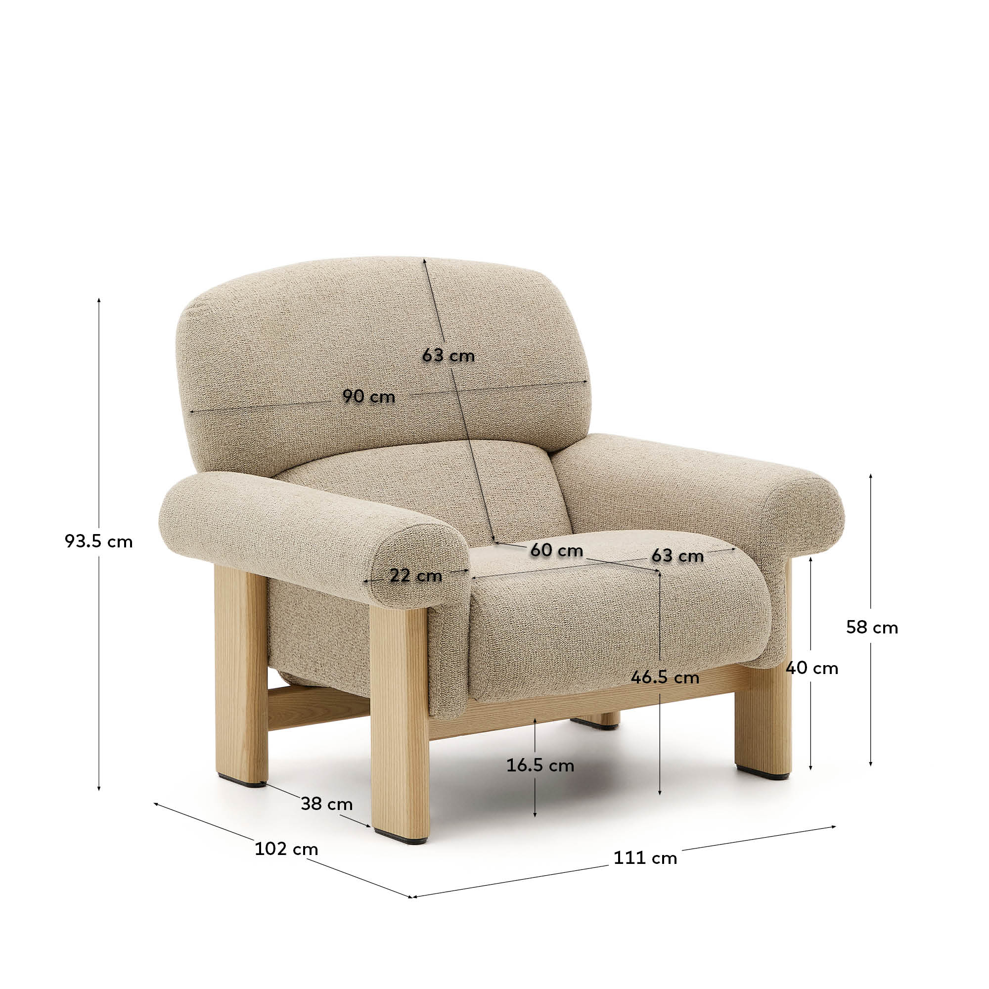 Sessel Nema aus beigefarbenem Chenille und Beinen aus massivem Eschenholz mit natürlichem Finish FSC 100% in Beige präsentiert im Onlineshop von KAQTU Design AG. Sessel ist von Kave Home