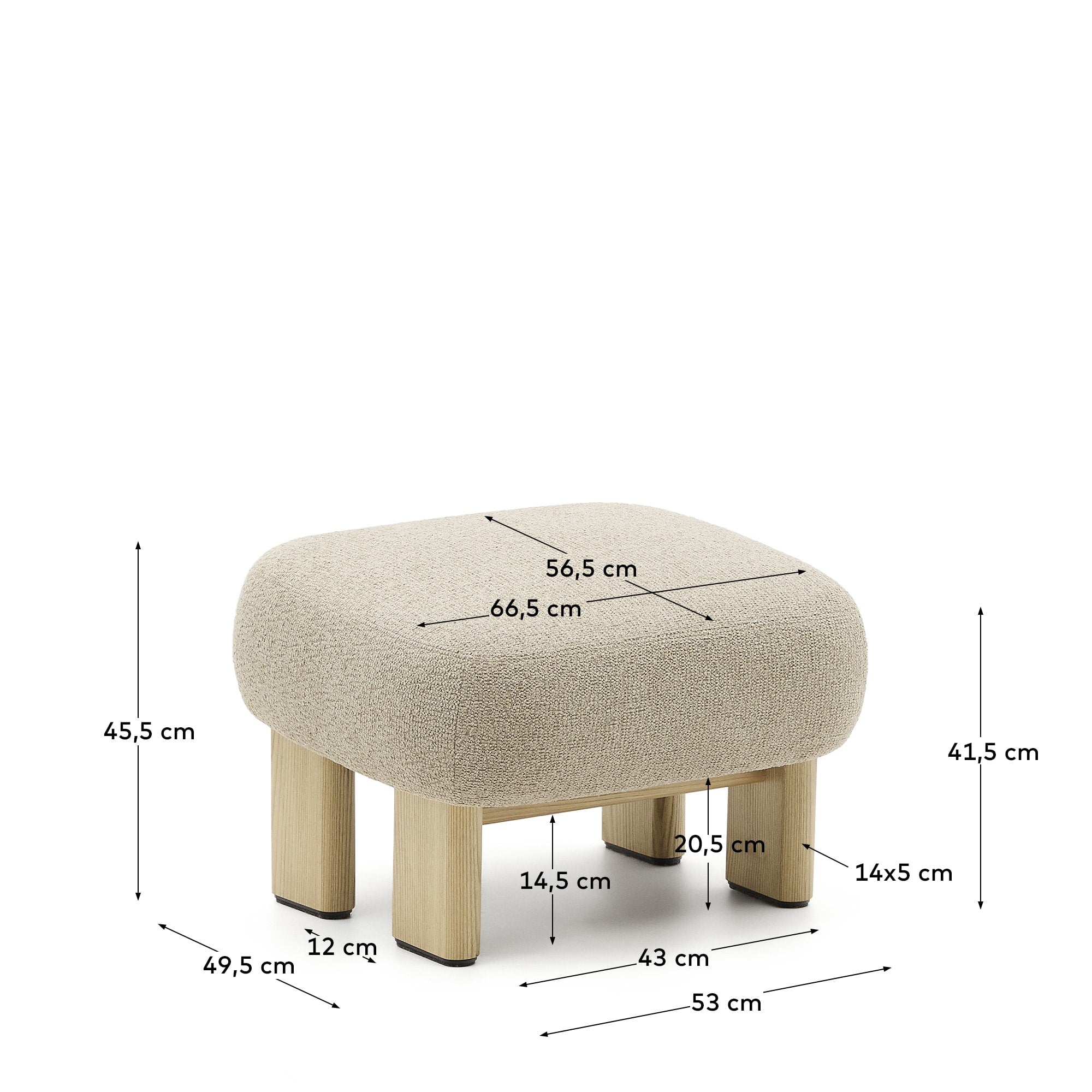 Fussstütze Nema Chenille beige und Beine aus massivem Eschenholz natürliches Finish 65x55,4cm FSC 100% in Beige präsentiert im Onlineshop von KAQTU Design AG. Ottoman ist von Kave Home