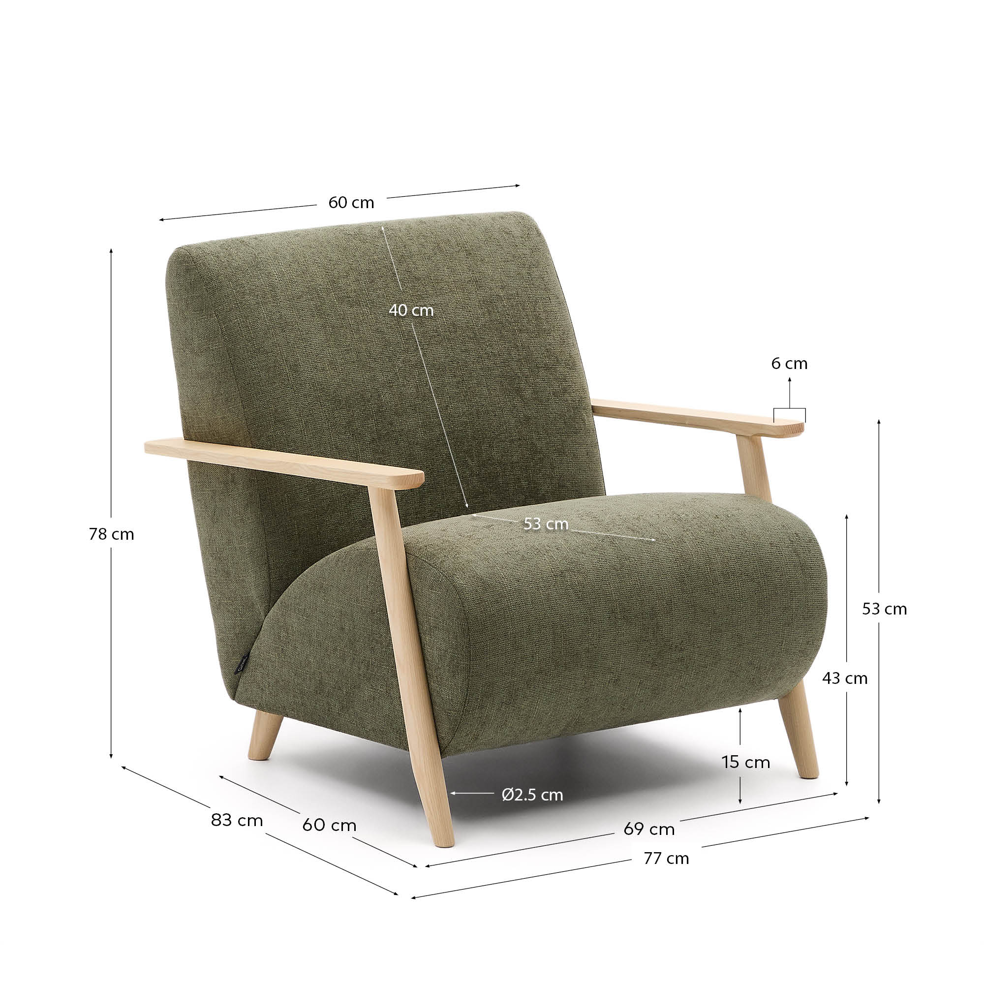 Sessel Meghan aus grünem Chenille und massivem Eschenholz mit natürlichem Finish FSC Mix Credit in Grün präsentiert im Onlineshop von KAQTU Design AG. Sessel ist von Kave Home