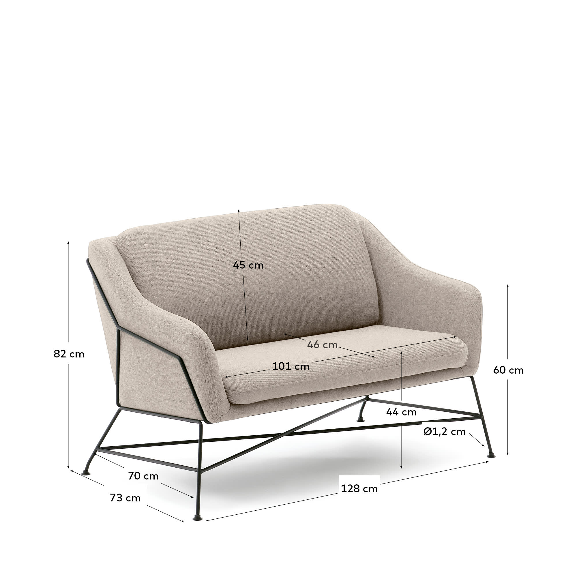 Brida 2-Sitzer-Sofa in Beige und Stahlbeine mit schwarzem Finish 128 cm in Beige präsentiert im Onlineshop von KAQTU Design AG. 2er Sofa ist von Kave Home