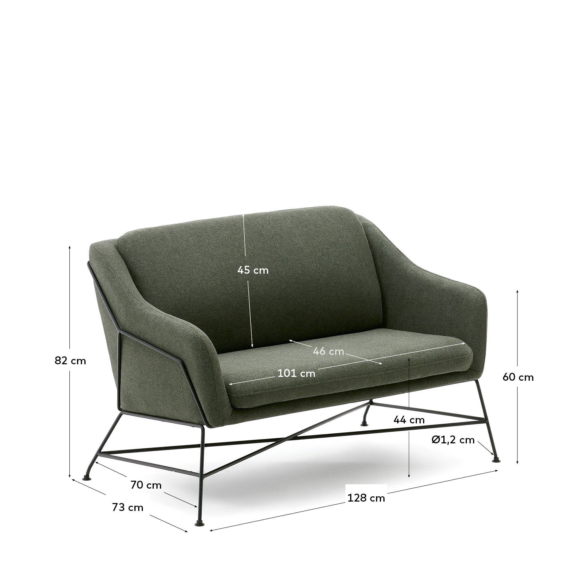 Brida 2-Sitzer-Sofa in Grün und Stahlbeine mit schwarzem Finish 128 cm in Grün präsentiert im Onlineshop von KAQTU Design AG. 2er Sofa ist von Kave Home