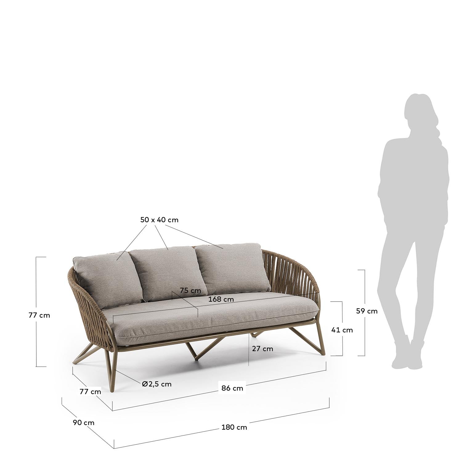 Branzie 3-Sitzer-Sofa aus braunem Seil 180 cm in Braun präsentiert im Onlineshop von KAQTU Design AG. Lounge Sofa ist von Kave Home