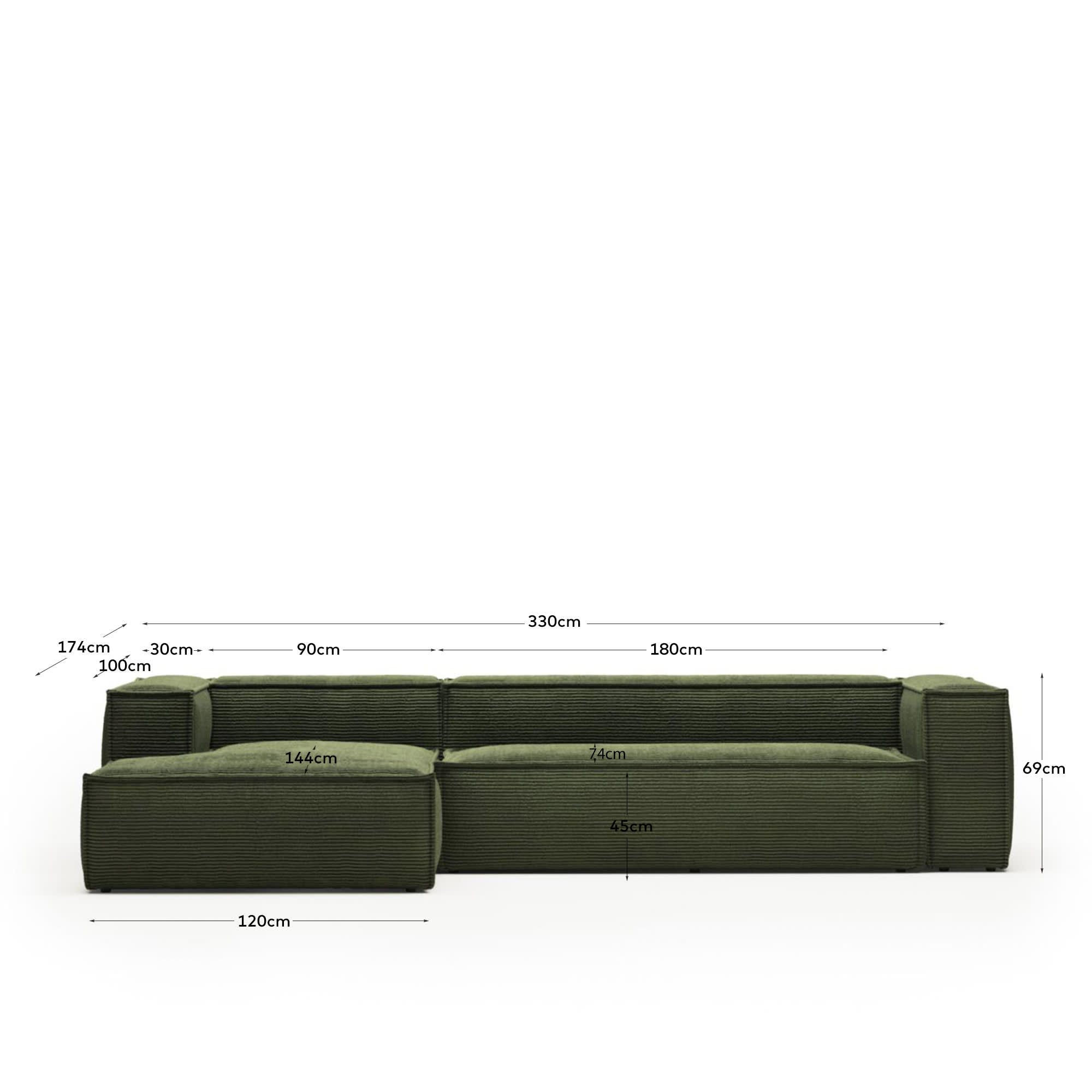 Blok 4-Sitzer-Sofa mit Chaiselongue links breiter Cord grün 330 cm FSC Mix Credit in Grün präsentiert im Onlineshop von KAQTU Design AG. 4er Sofa ist von Kave Home