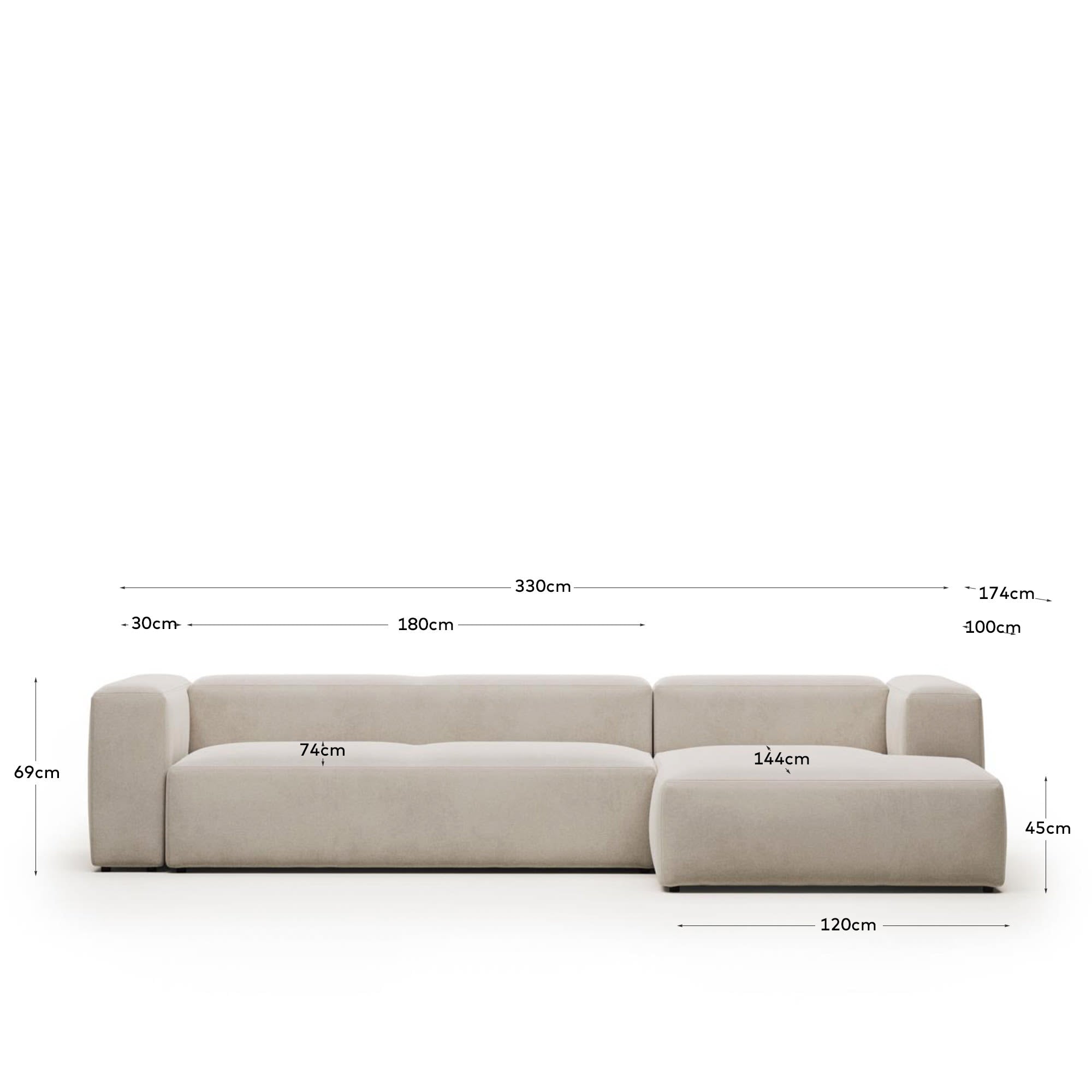 Blok 4-Sitzer Sofa mit Chaiselongue rechts beige 330 cm FSC Mix Credit in Beige präsentiert im Onlineshop von KAQTU Design AG. 4er Sofa ist von Kave Home