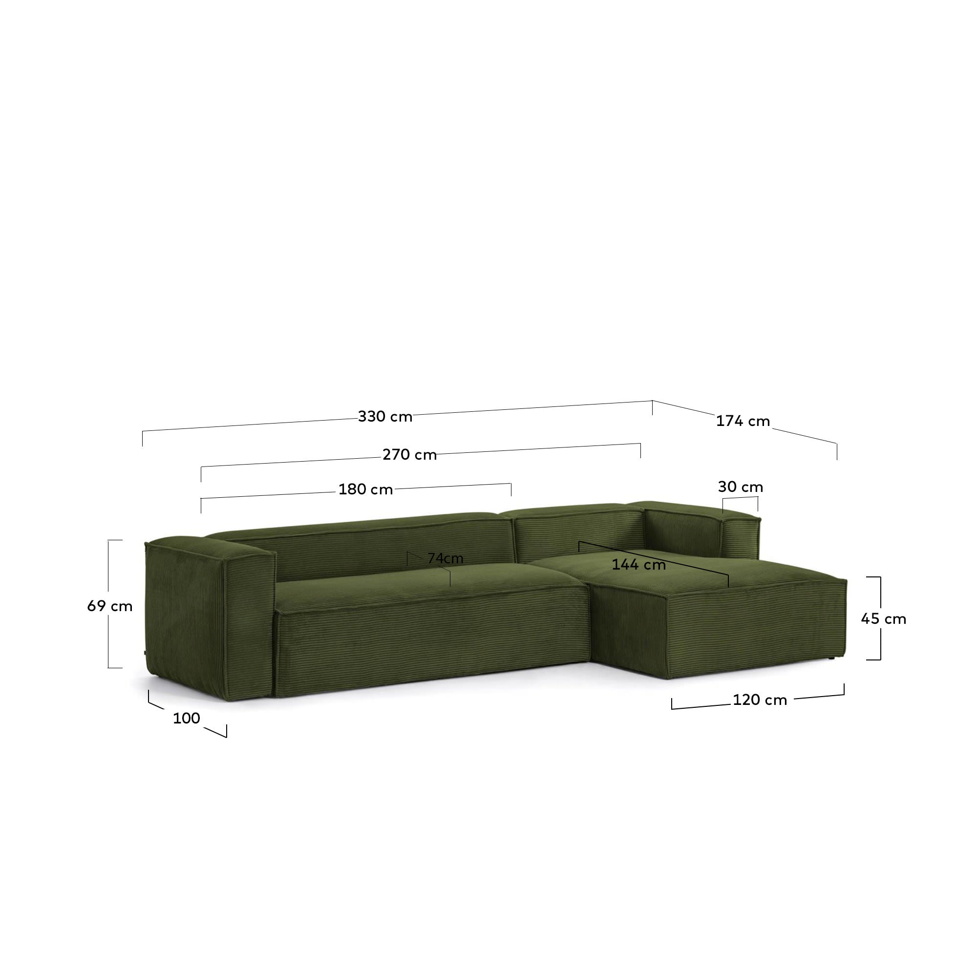 Blok 4-Sitzer-Sofa mit Chaiselongue rechts und breitem Cord grün 330cm FSC Mix Credit in Grün präsentiert im Onlineshop von KAQTU Design AG. 4er Sofa ist von Kave Home