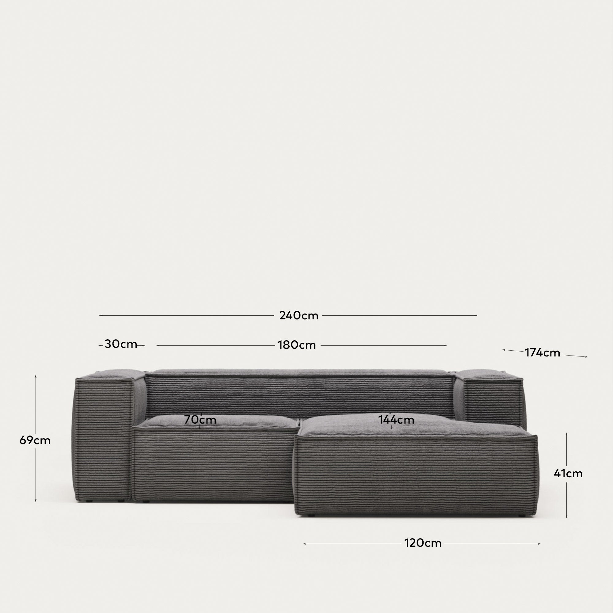 Blok 2-Sitzer-Sofa mit Chaiselongue rechts breiter Cord grau 240 cm FSC Mix Credit in Grau präsentiert im Onlineshop von KAQTU Design AG. 2er Sofa ist von Kave Home