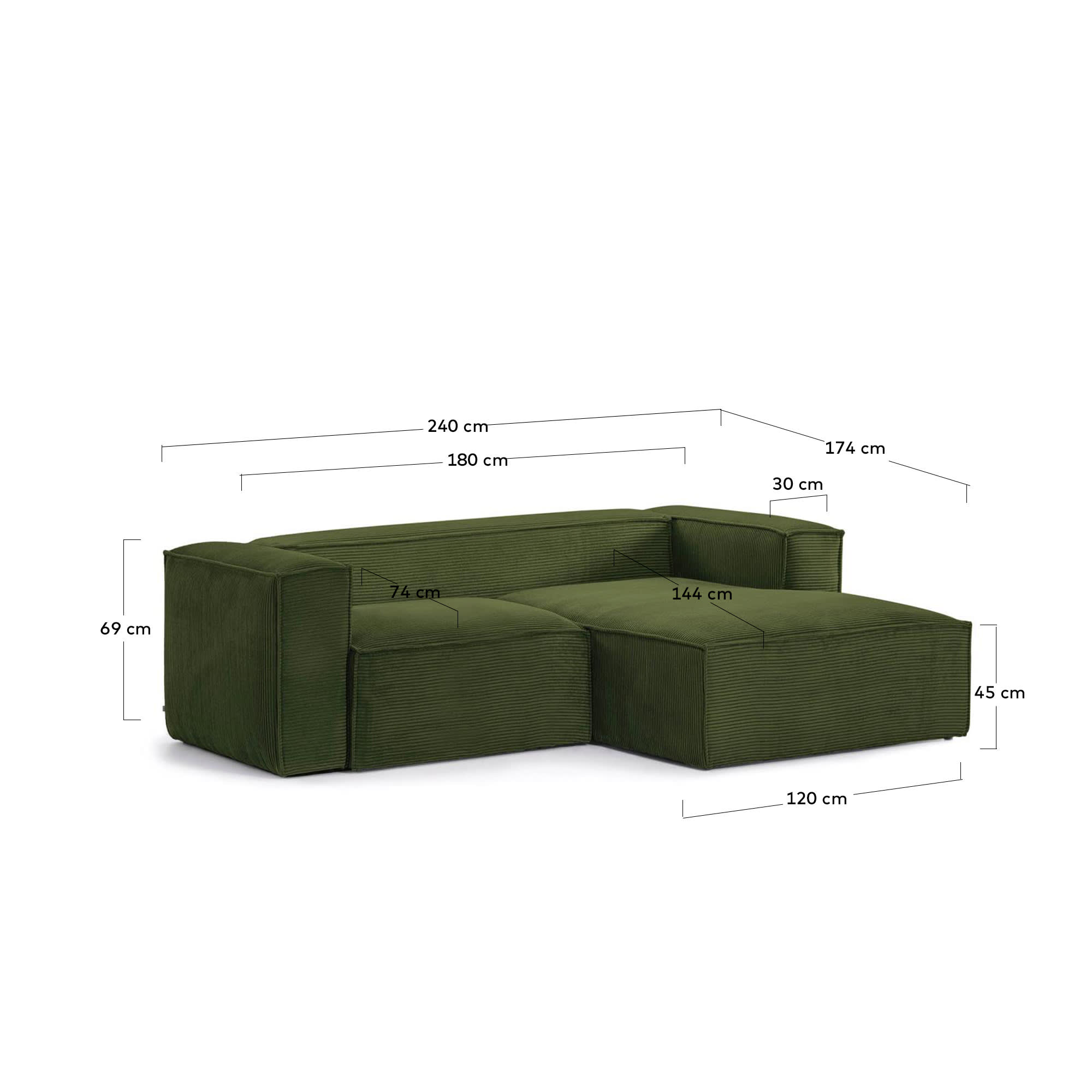 Blok 2-Sitzer-Sofa mit Chaiselongue rechts breiter Cord grün 240 cm FSC Mix Credit in Grün präsentiert im Onlineshop von KAQTU Design AG. 2er Sofa ist von Kave Home