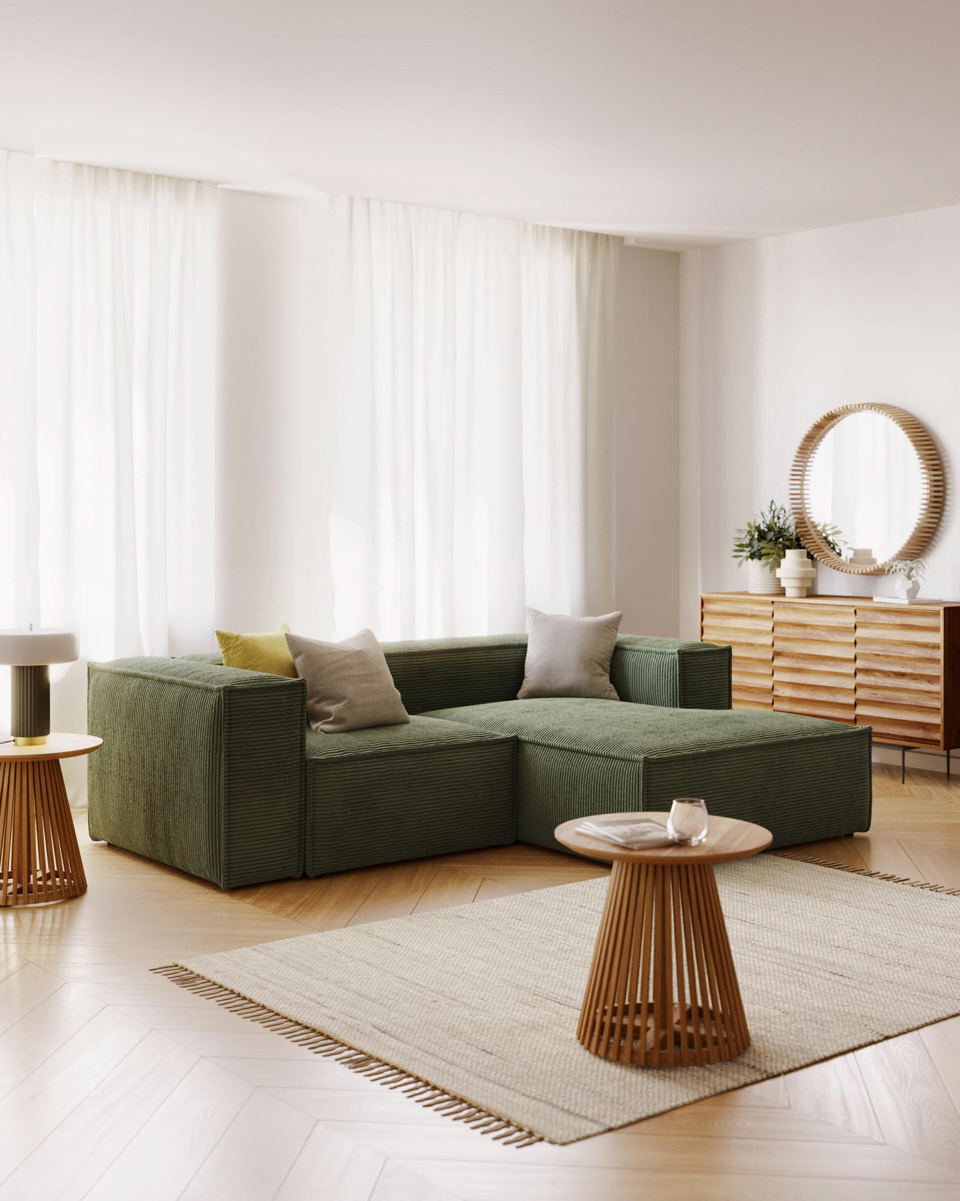 Blok 2-Sitzer-Sofa mit Chaiselongue rechts breiter Cord grün 240 cm FSC Mix Credit in Grün präsentiert im Onlineshop von KAQTU Design AG. 2er Sofa ist von Kave Home