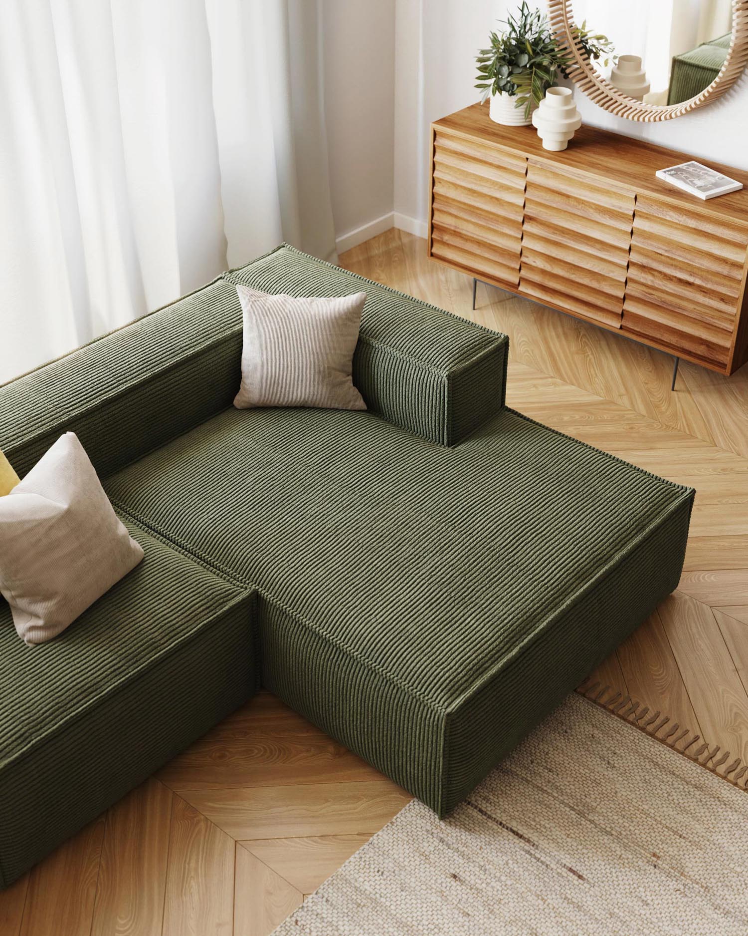 Blok 2-Sitzer-Sofa mit Chaiselongue rechts breiter Cord grün 240 cm FSC Mix Credit in Grün präsentiert im Onlineshop von KAQTU Design AG. 2er Sofa ist von Kave Home