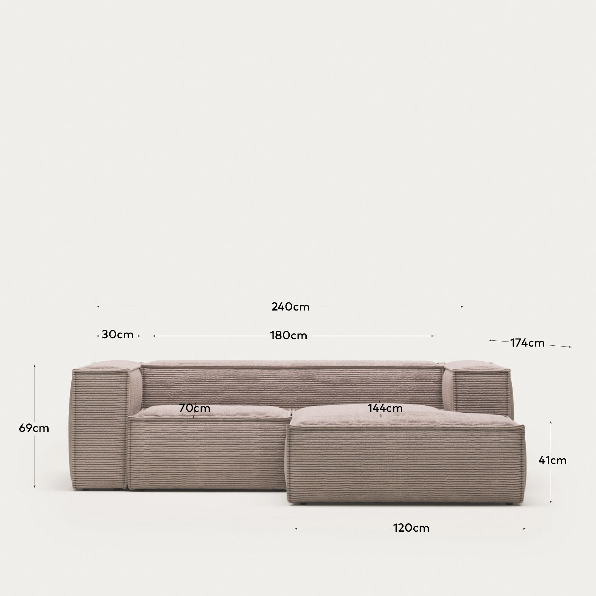 Blok 2-Sitzer-Sofa mit Chaiselongue rechts breiter Cord rosa 240 cm in Rosa präsentiert im Onlineshop von KAQTU Design AG. 2er Sofa ist von Kave Home