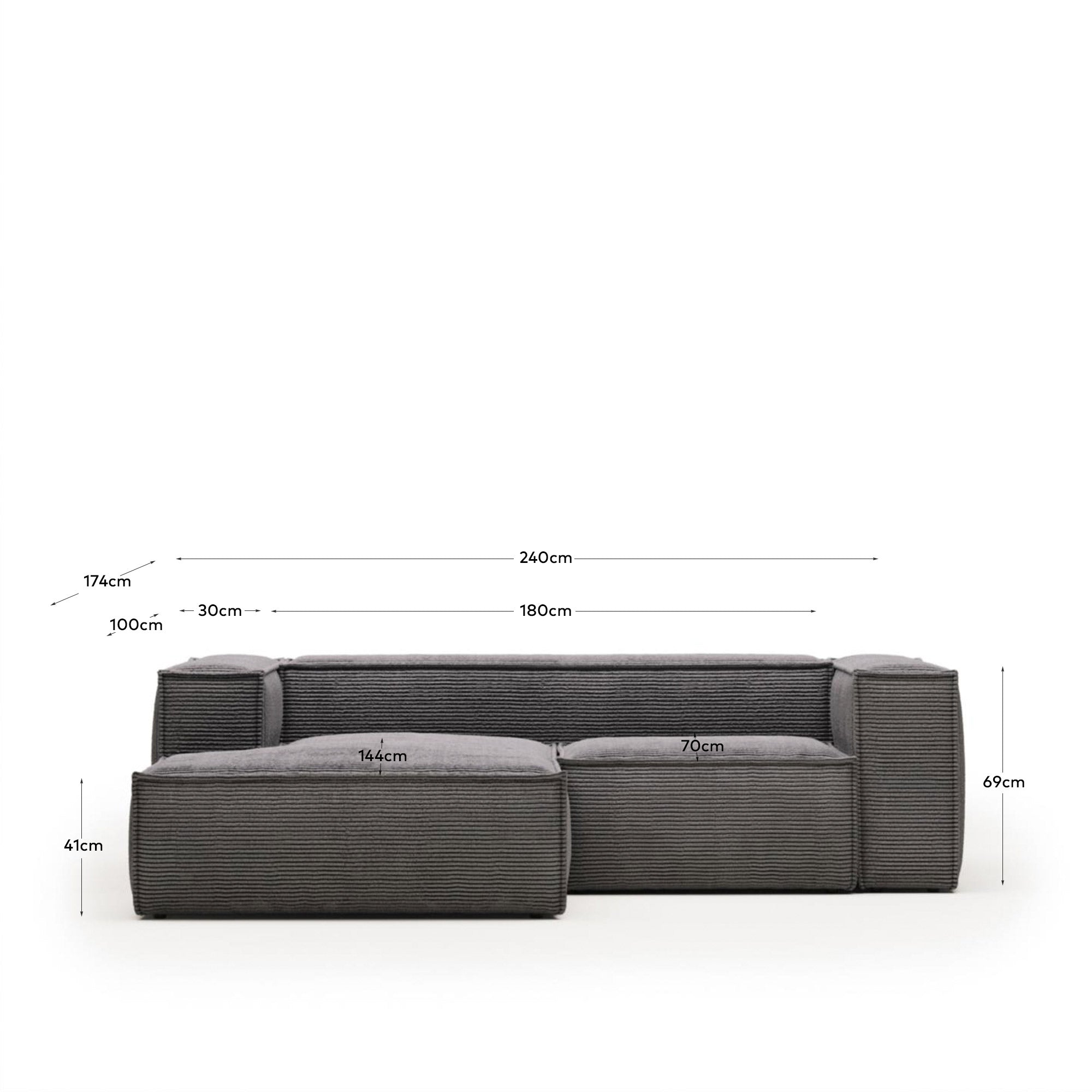 Blok 2-Sitzer-Sofa mit Chaiselongue links breiter Cord grau 240 cm FSC Mix Credit in Grau präsentiert im Onlineshop von KAQTU Design AG. 2er Sofa ist von Kave Home